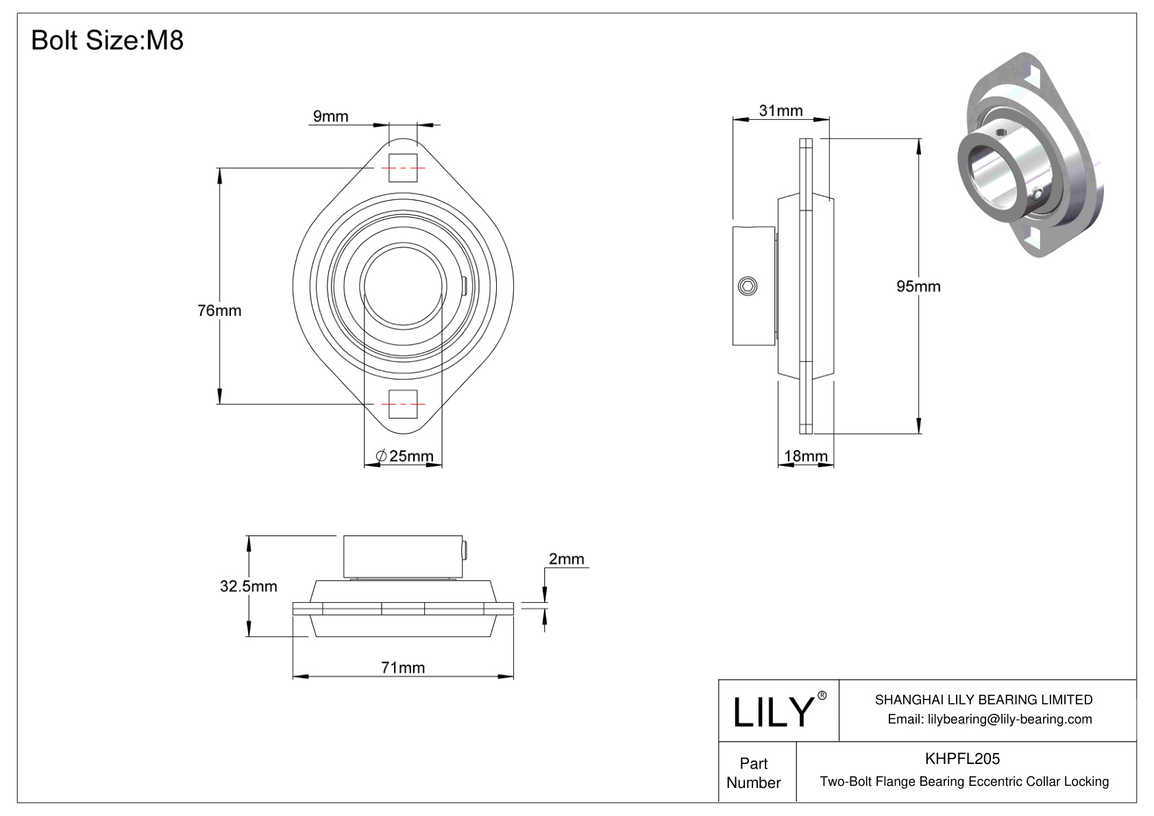 KHPFL205 Two-Bolt Flange Bearing Eccentric Collar Locking cad drawing