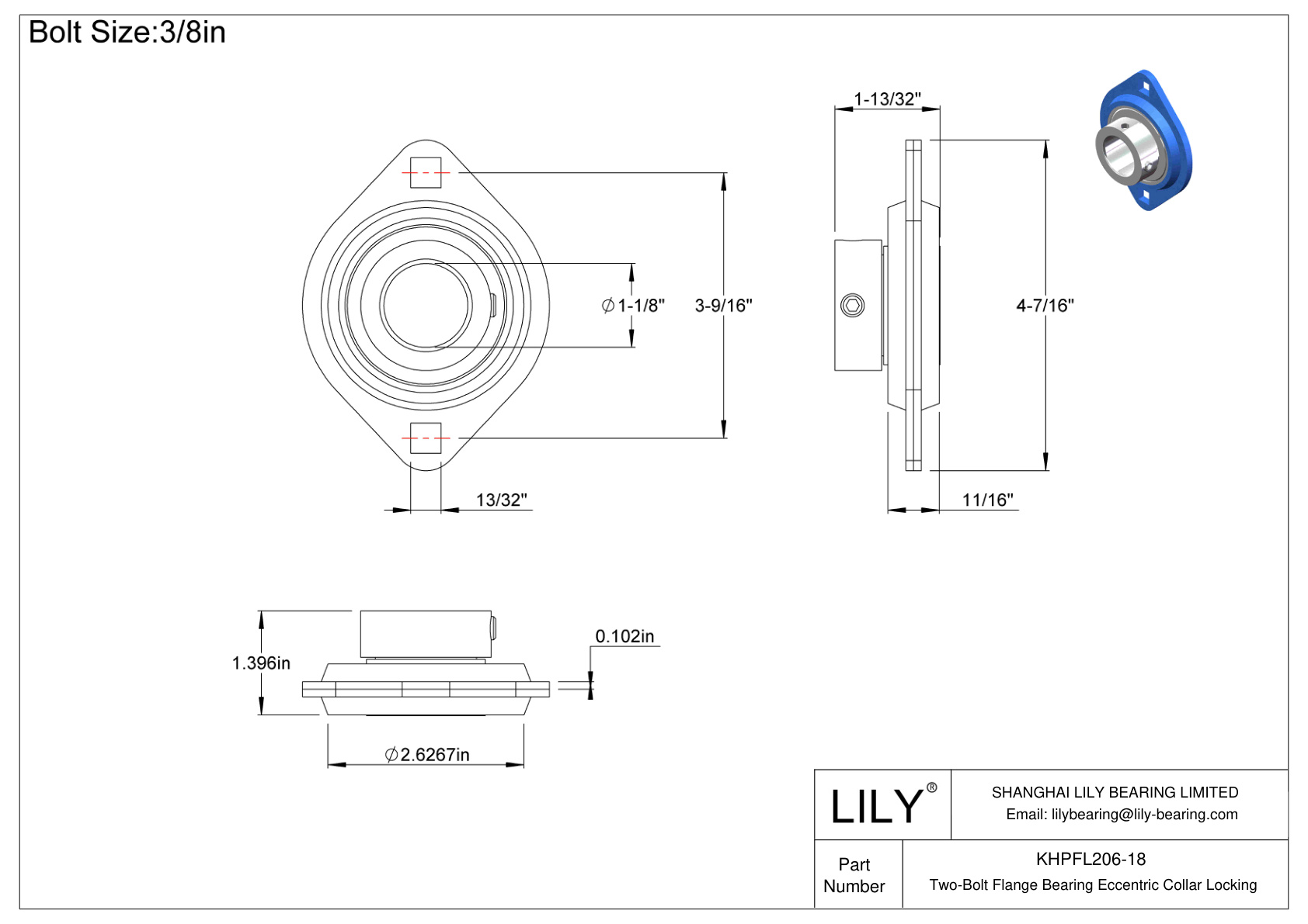 KHPFL206-18 Cojinete de brida de dos pernos Bloqueo de collar excéntrico cad drawing