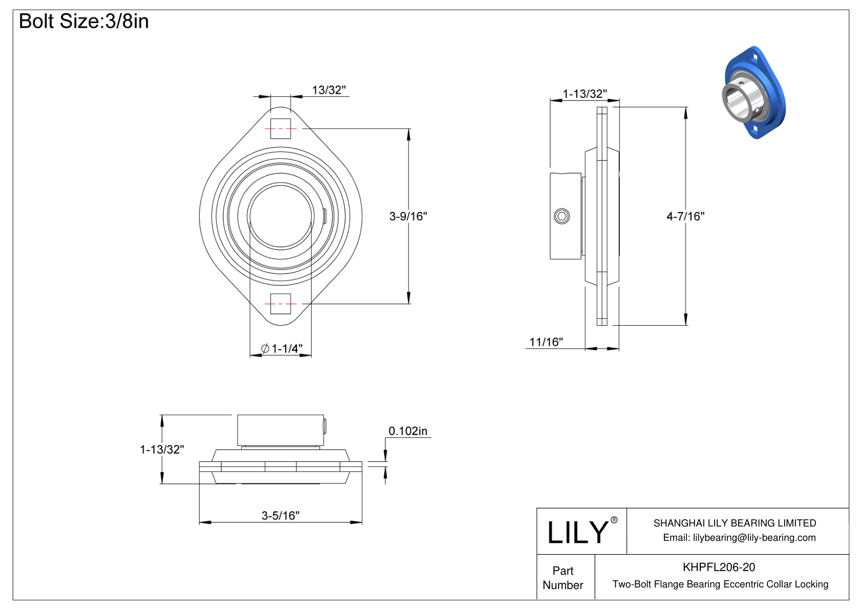 KHPFL206-20 Two-Bolt Flange Bearing Eccentric Collar Locking cad drawing