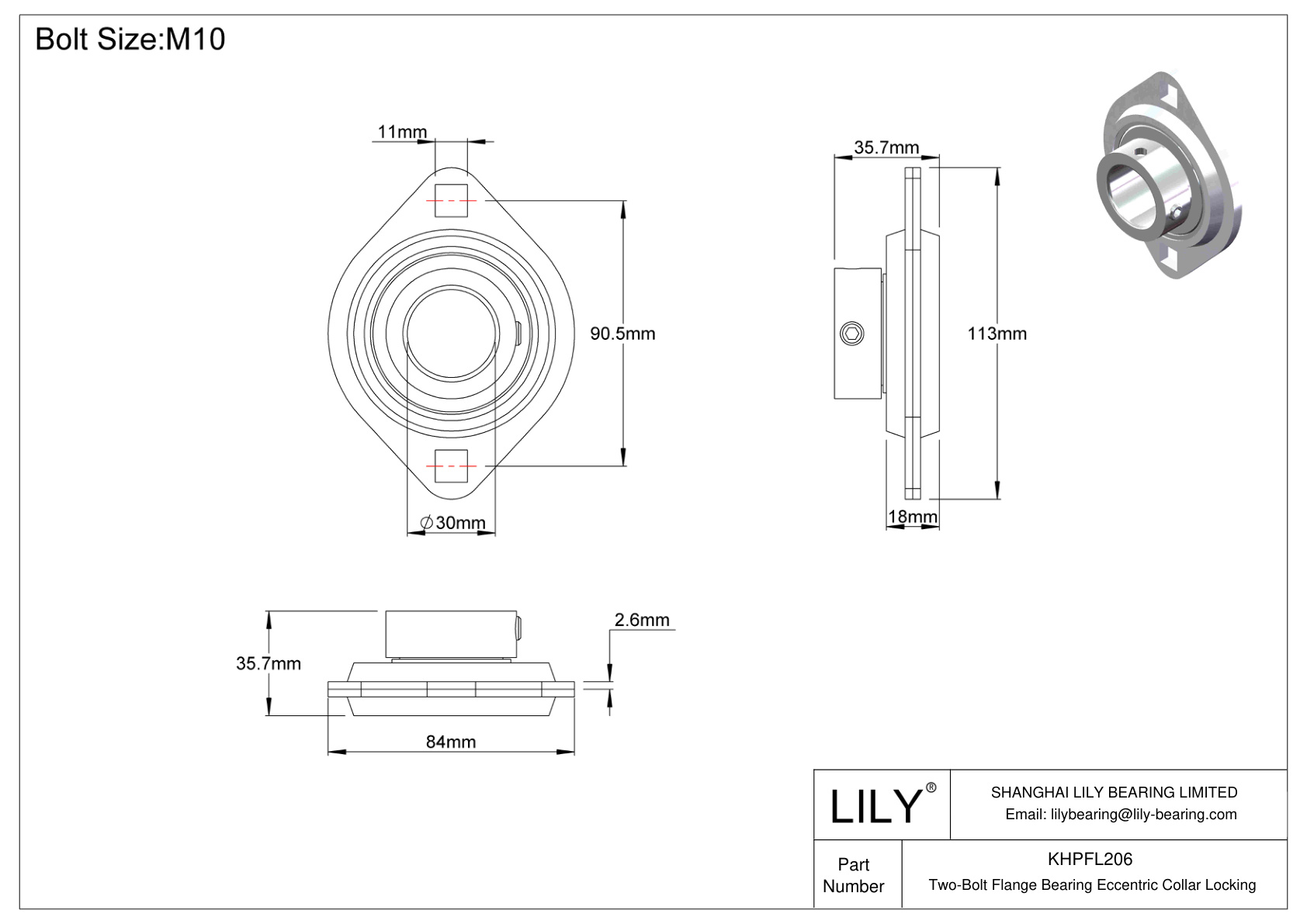 KHPFL206 Cojinete de brida de dos pernos Bloqueo de collar excéntrico cad drawing