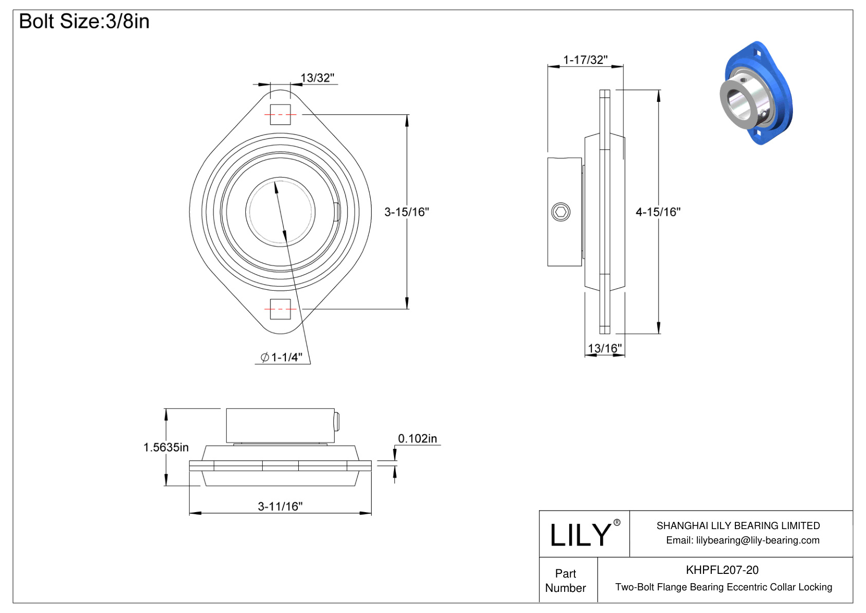 KHPFL207-20 Cojinete de brida de dos pernos Bloqueo de collar excéntrico cad drawing