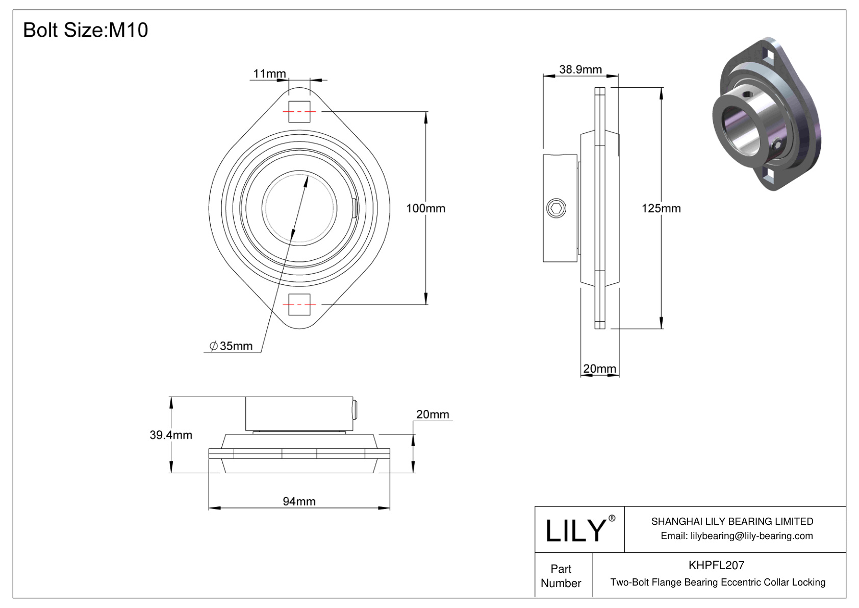 KHPFL207 Cojinete de brida de dos pernos Bloqueo de collar excéntrico cad drawing