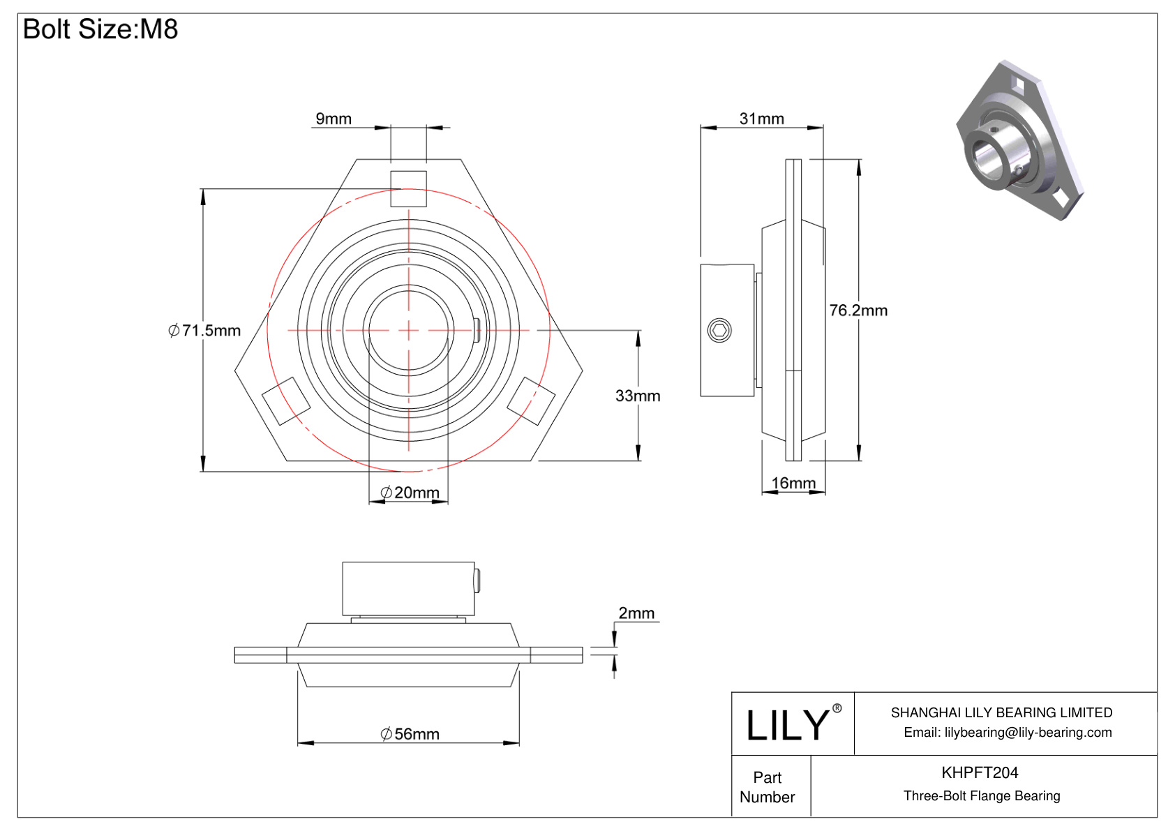 KHPFT204 Three-Bolt Flange Bearing Eccentric Collar Locking cad drawing