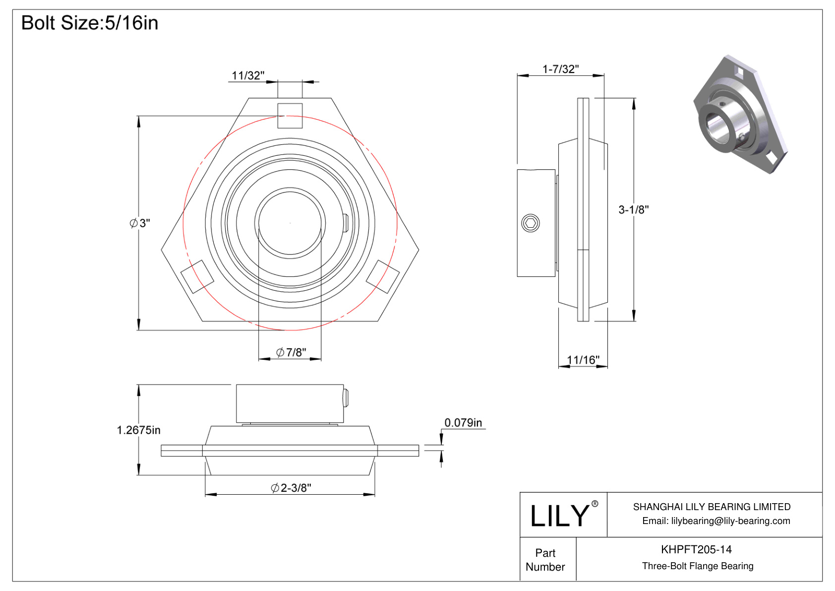 KHPFT205-14 Cojinete de brida de tres tornillos Bloqueo de collar excéntrico cad drawing