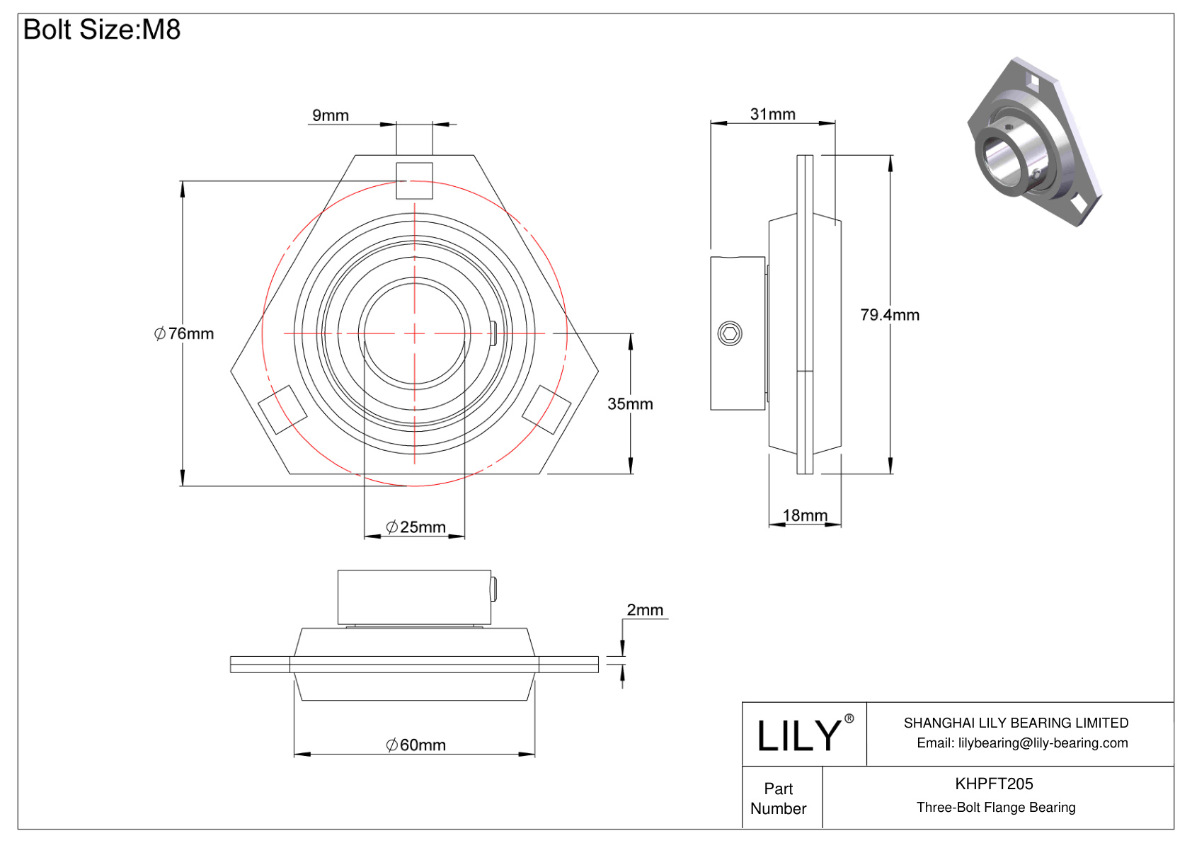 KHPFT205 Cojinete de brida de tres tornillos Bloqueo de collar excéntrico cad drawing