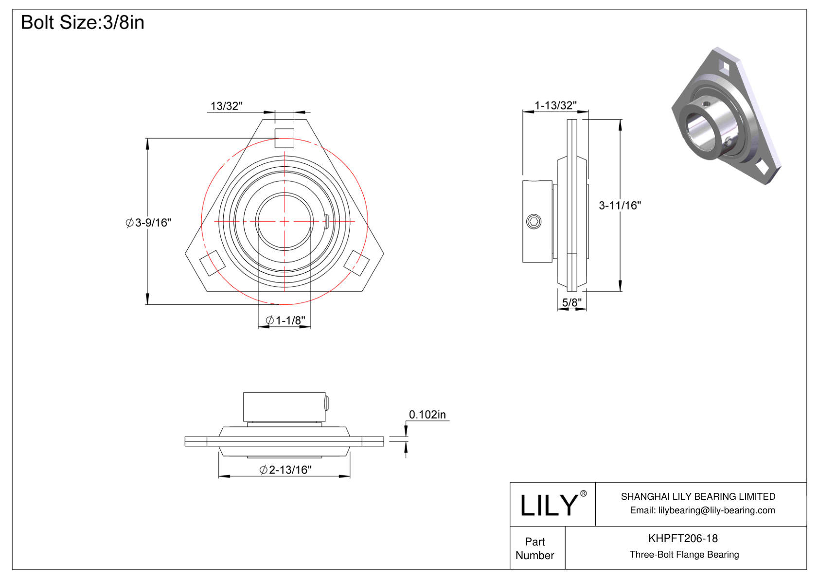 KHPFT206-18 Three-Bolt Flange Bearing Eccentric Collar Locking cad drawing