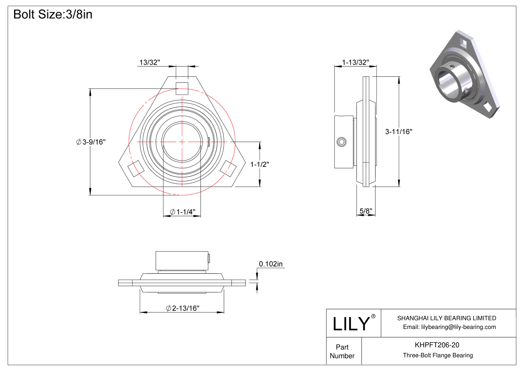 KHPFT206-20 Three-Bolt Flange Bearing Eccentric Collar Locking cad drawing