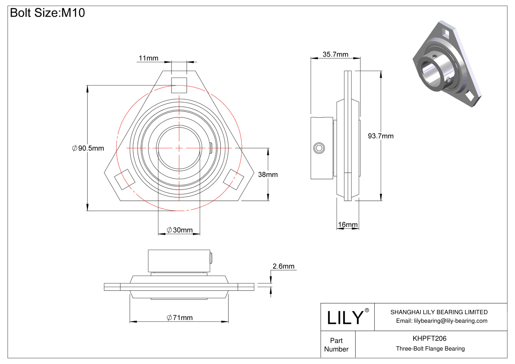 KHPFT206 Three-Bolt Flange Bearing Eccentric Collar Locking cad drawing