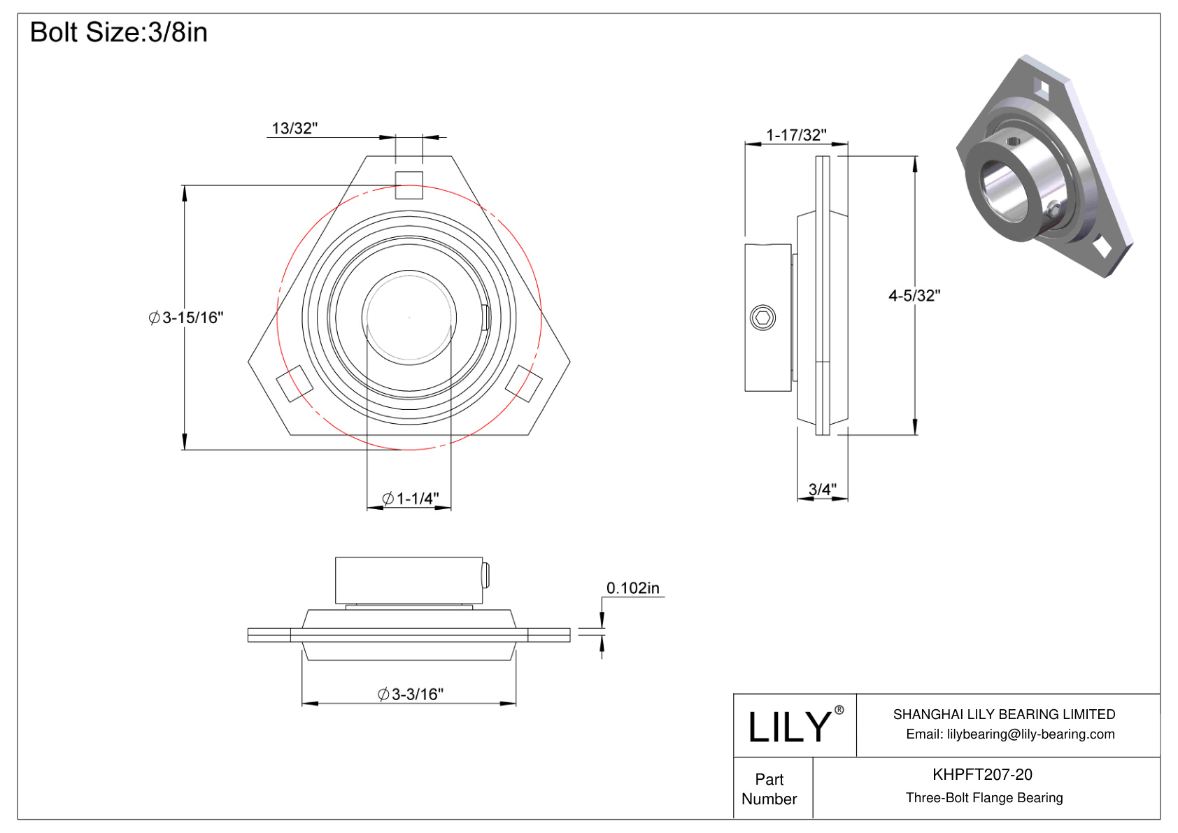 KHPFT207-20 Three-Bolt Flange Bearing Eccentric Collar Locking cad drawing