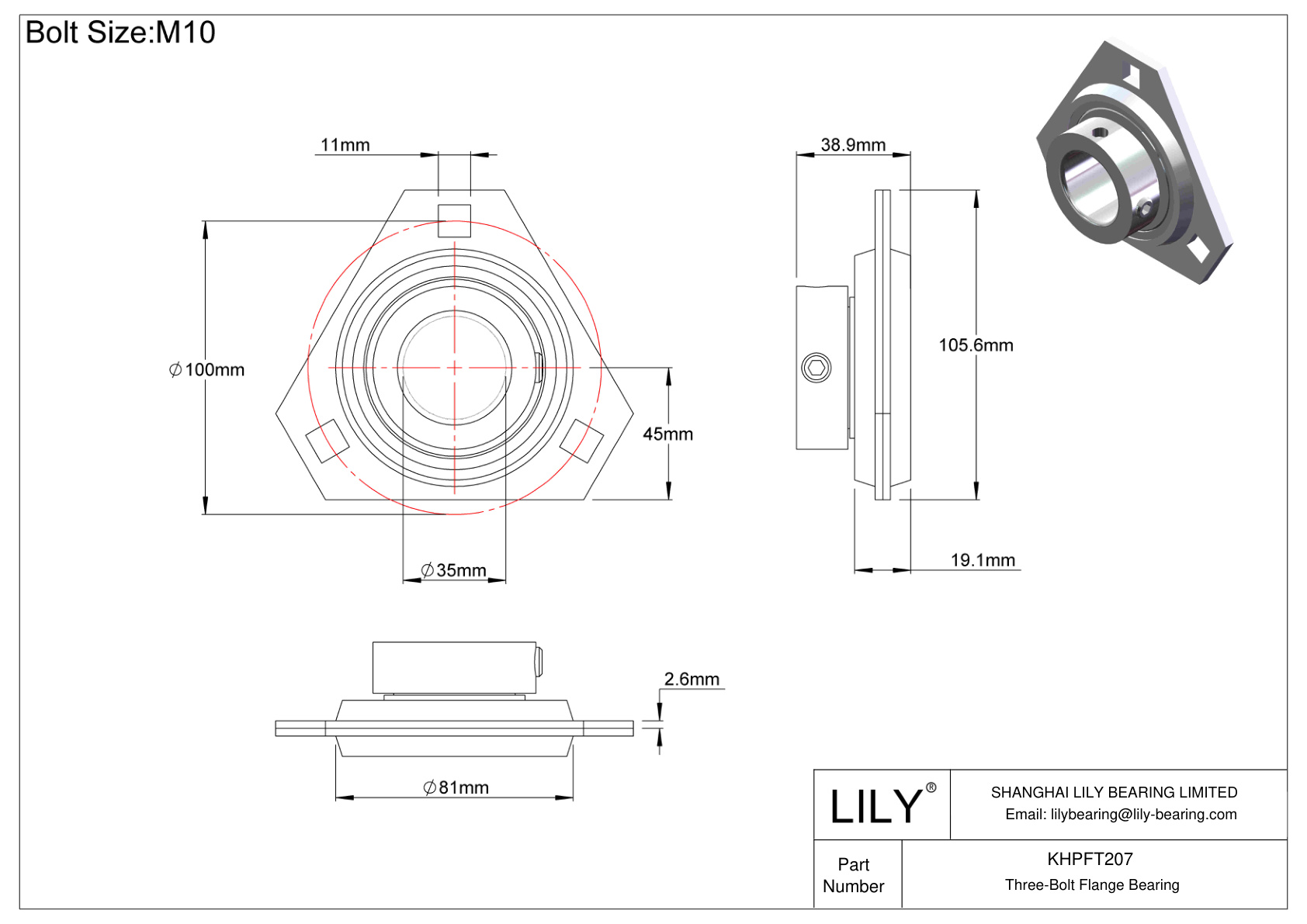 KHPFT207 Three-Bolt Flange Bearing Eccentric Collar Locking cad drawing