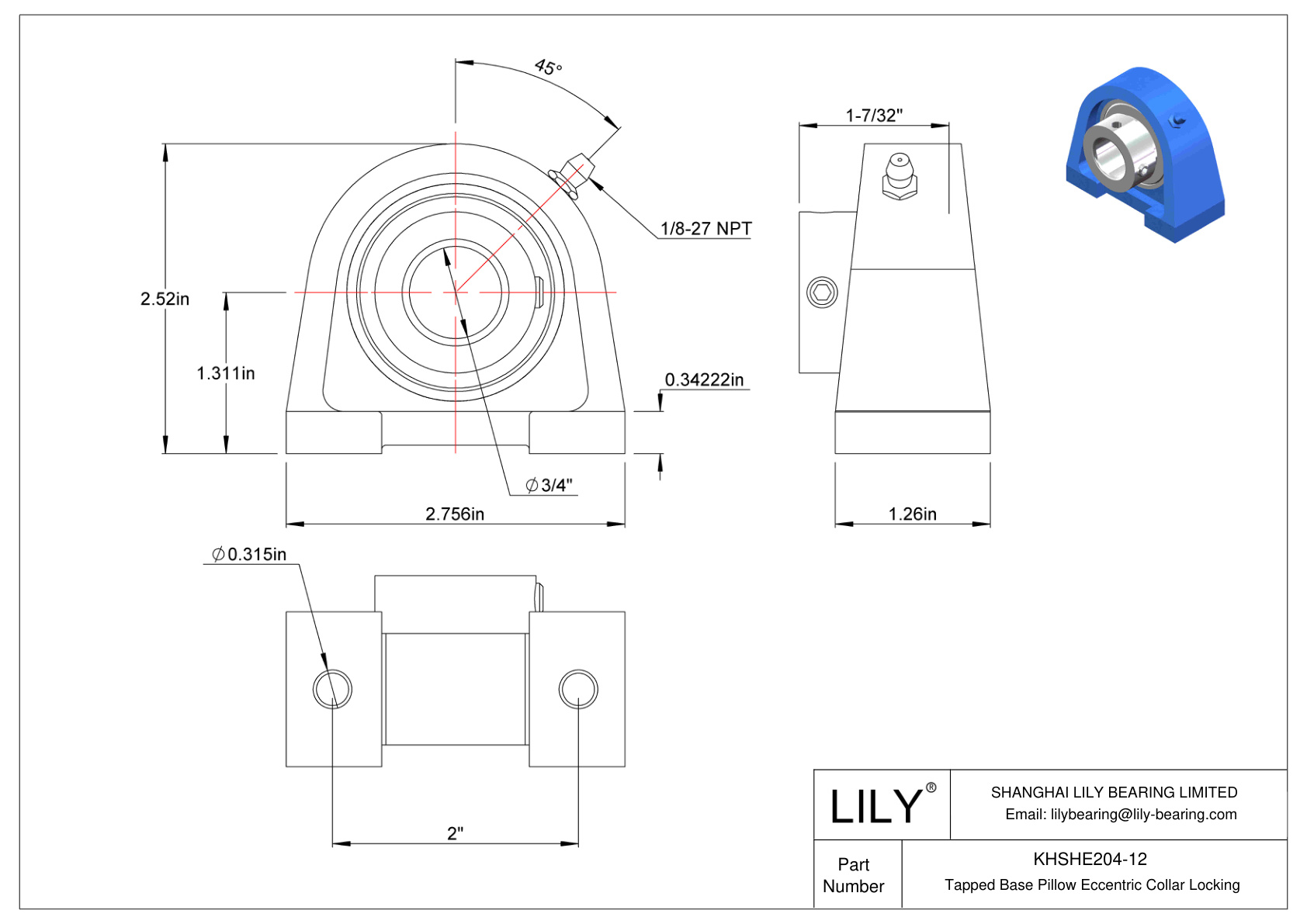 KHSHE204-12 Tapped Base Pillow Eccentric Collar Locking cad drawing