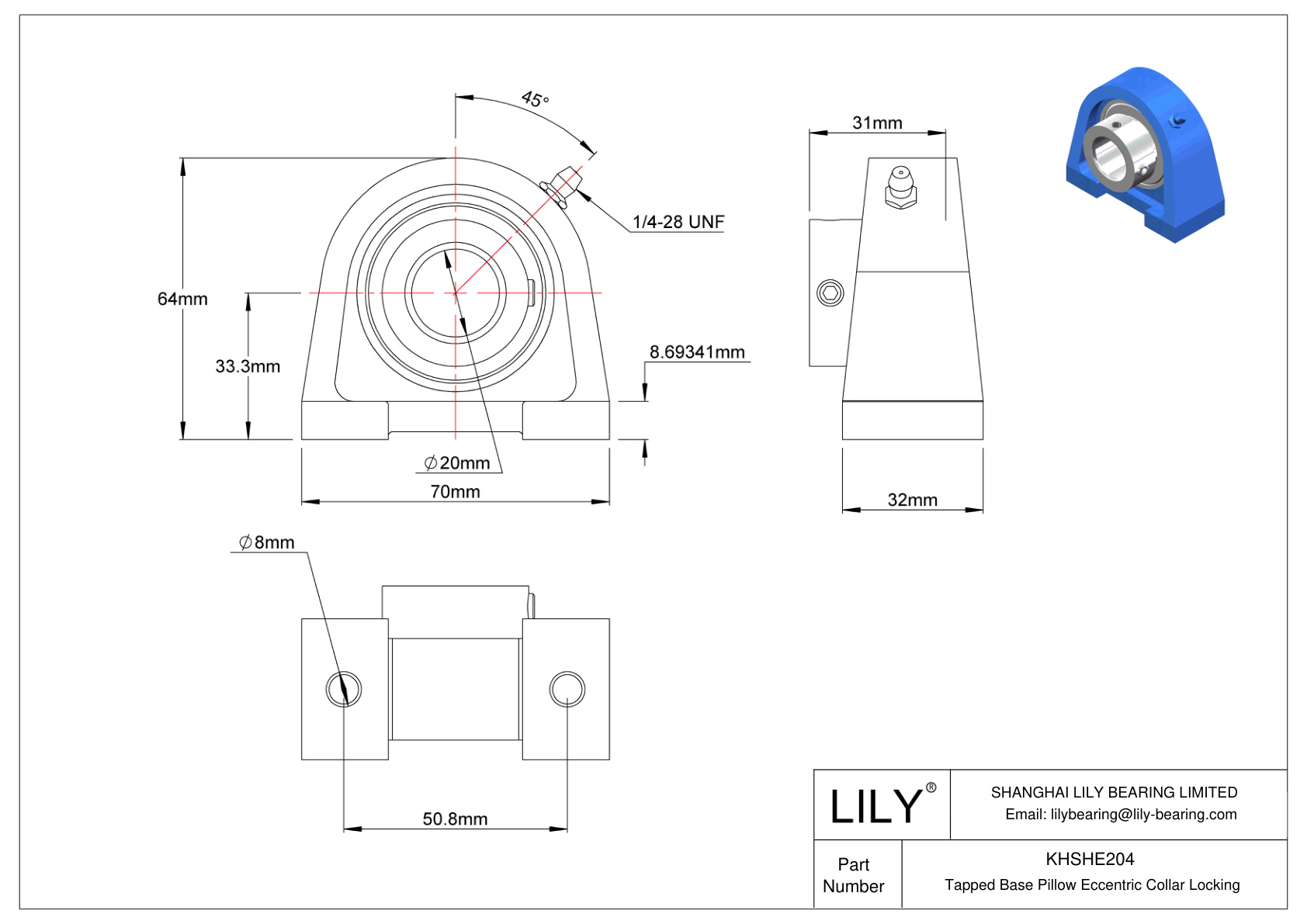 KHSHE204 Tapped Base Pillow Eccentric Collar Locking cad drawing