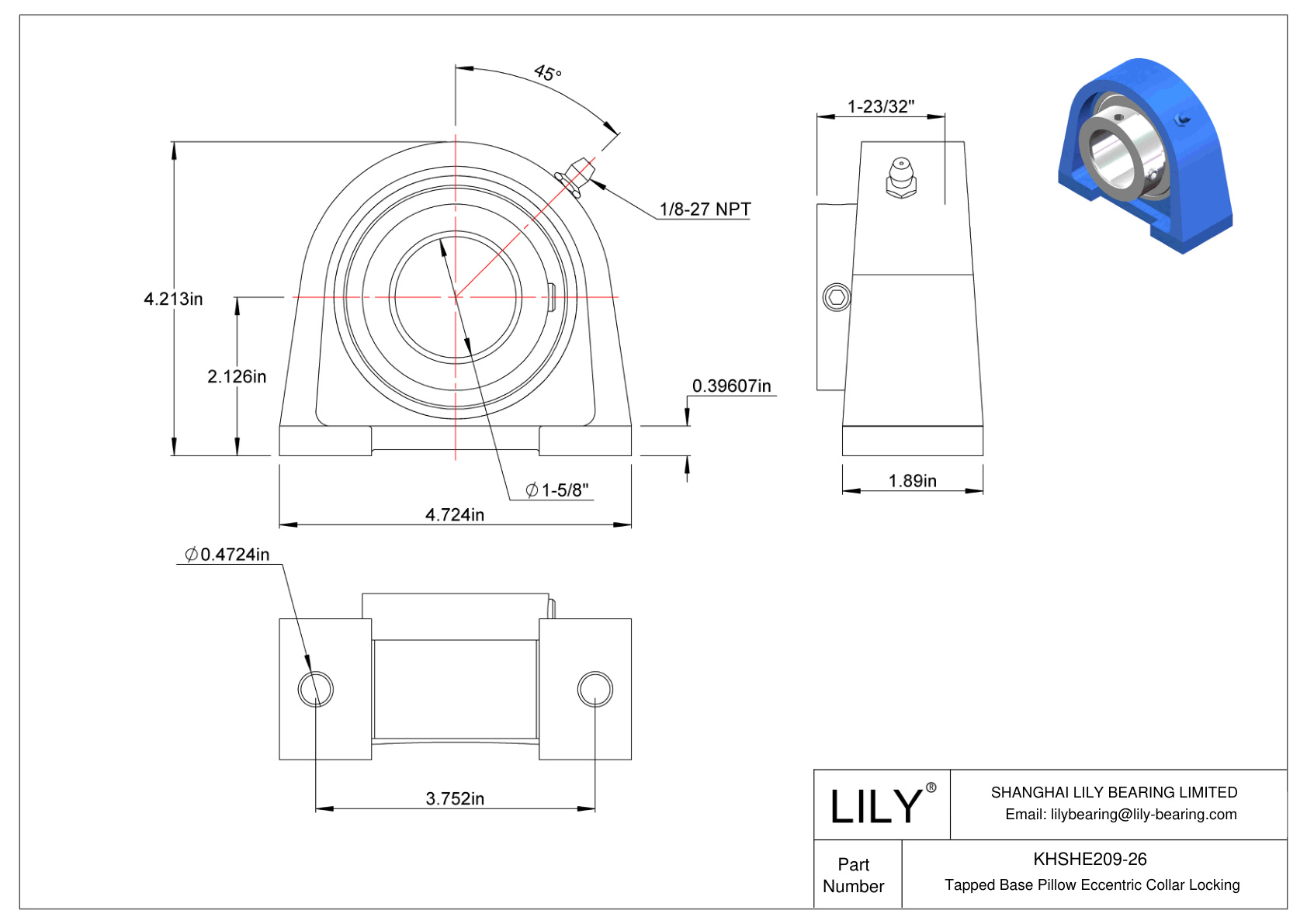 KHSHE209-26 Tapped Base Pillow Eccentric Collar Locking cad drawing