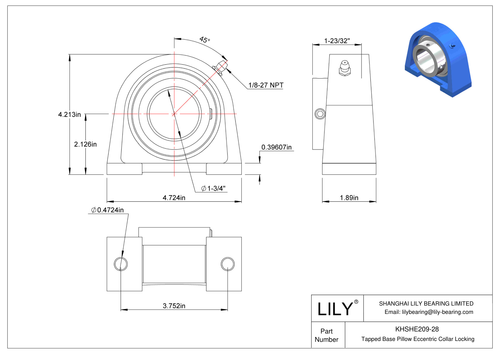 KHSHE209-28 Tapped Base Pillow Eccentric Collar Locking cad drawing