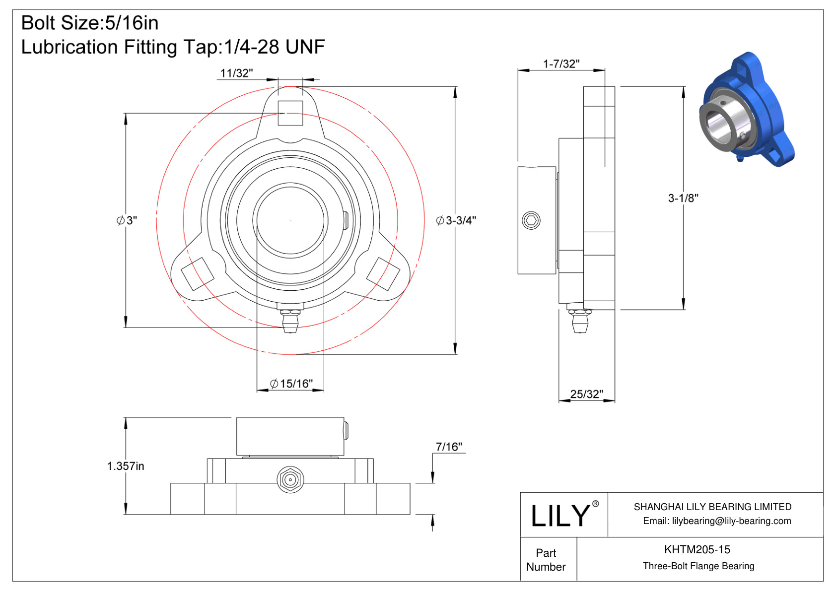 KHTM205-15 Three-Bolt Flange Bearing Eccentric Collar Locking cad drawing