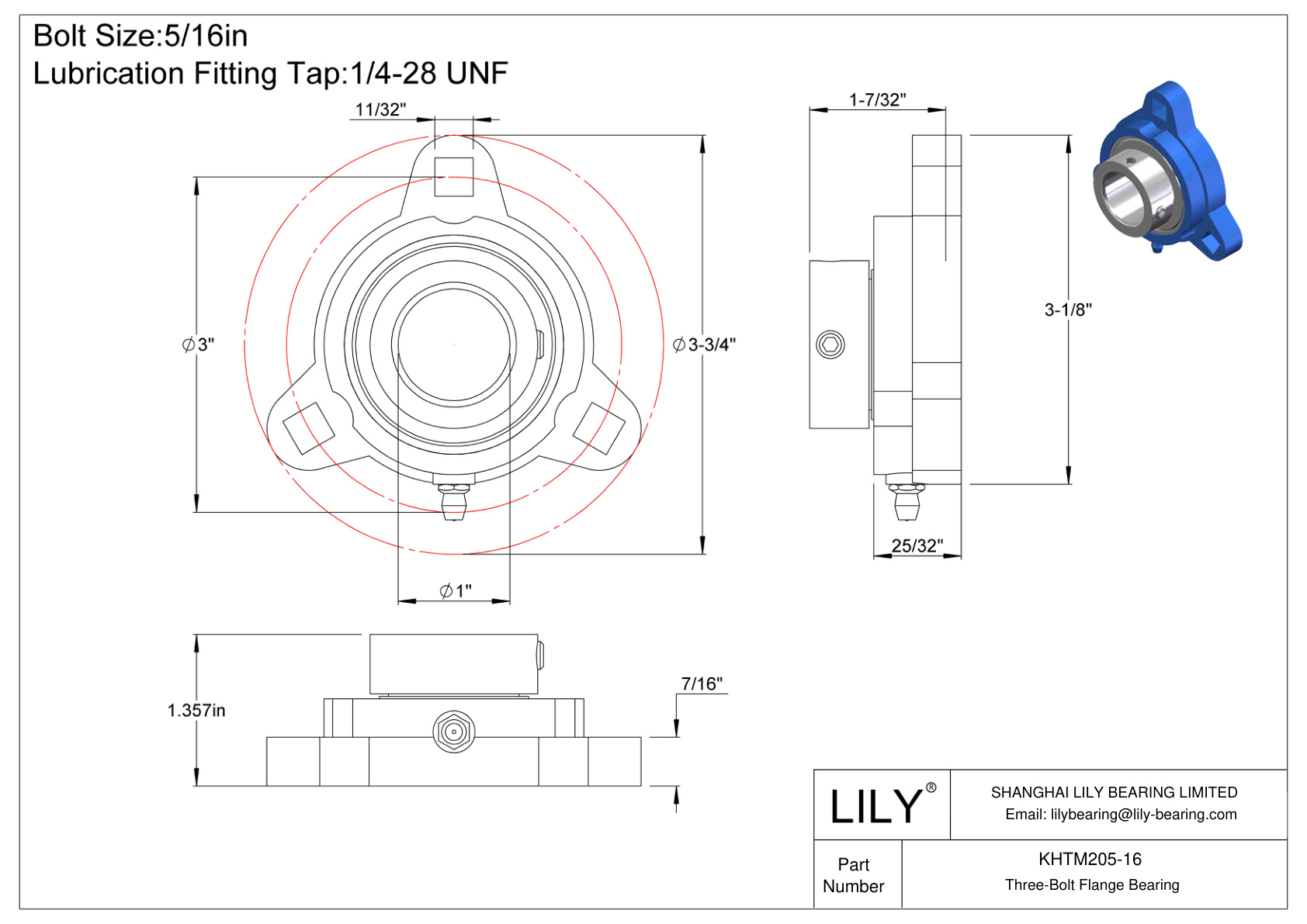 KHTM205-16 Cojinete de brida de tres tornillos Bloqueo de collar excéntrico cad drawing