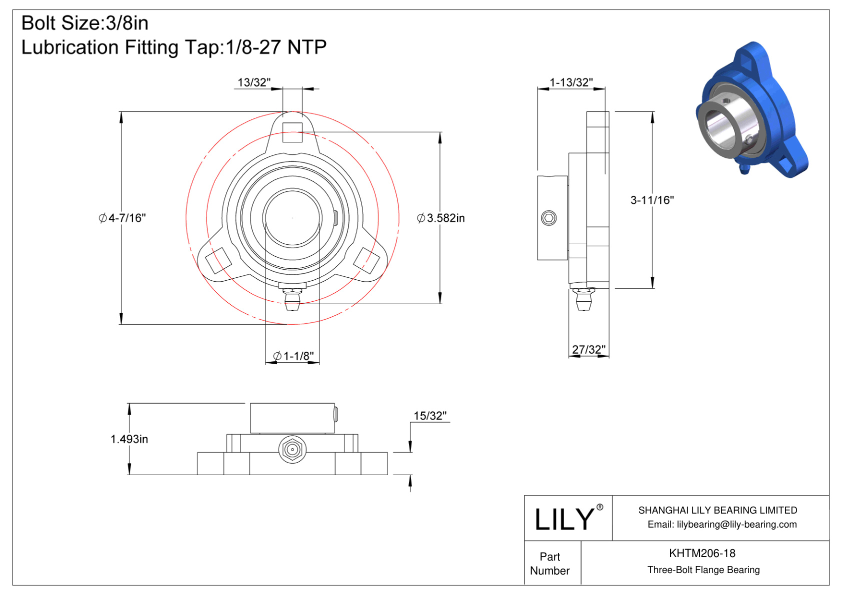 KHTM206-18 Cojinete de brida de tres tornillos Bloqueo de collar excéntrico cad drawing