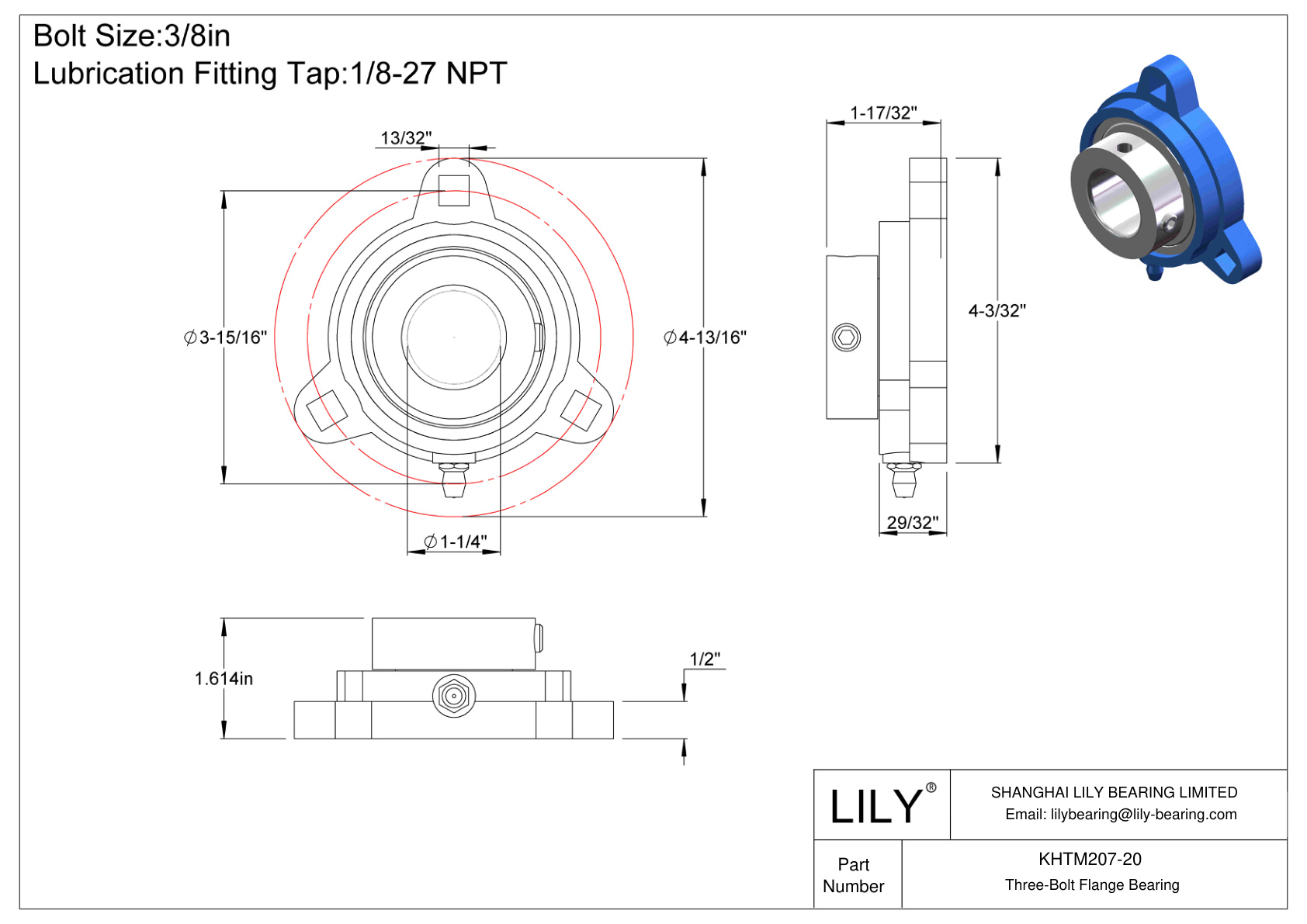 KHTM207-20 Three-Bolt Flange Bearing Eccentric Collar Locking cad drawing