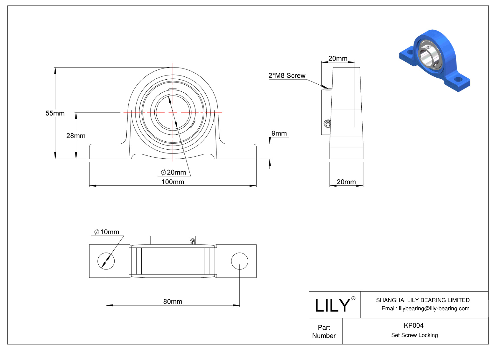 KP004 Pillow Block Bearing Set Screw Locking cad drawing