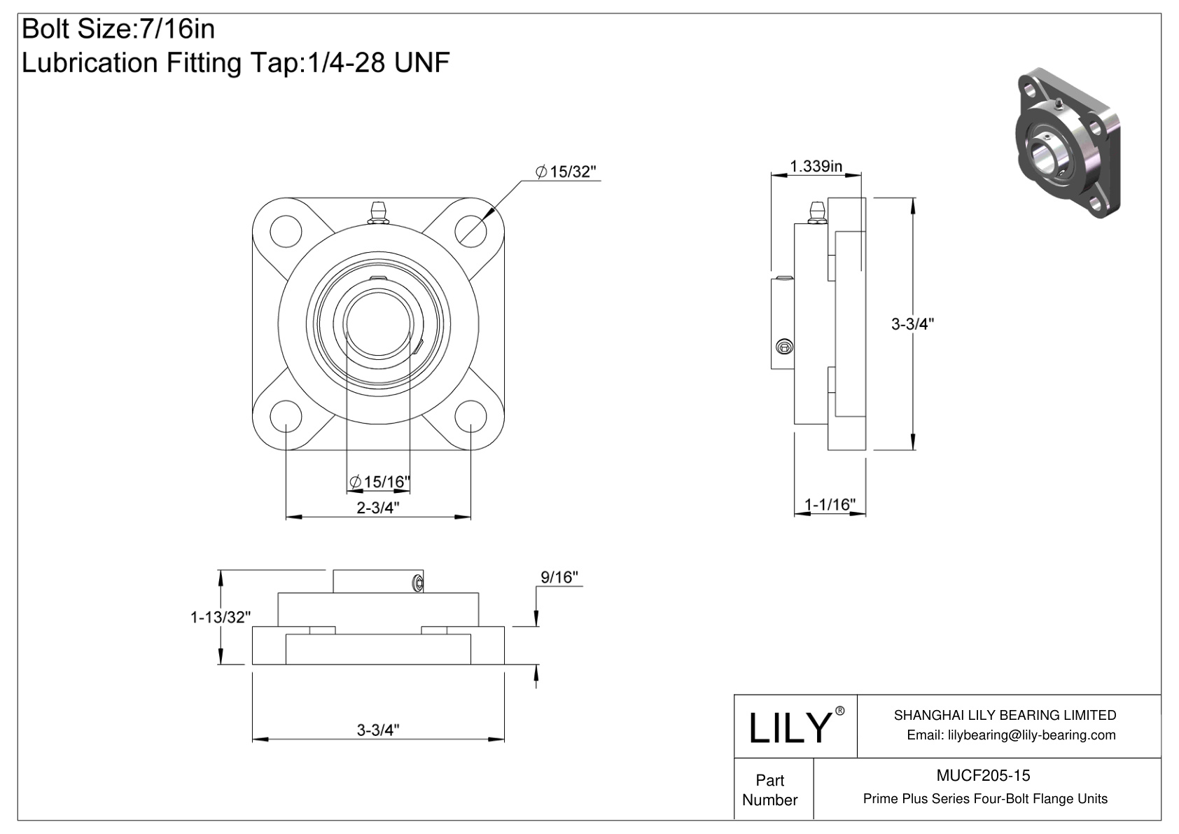 MUCF205-15 Prime Plus Series Four-Bolt Flange Units cad drawing