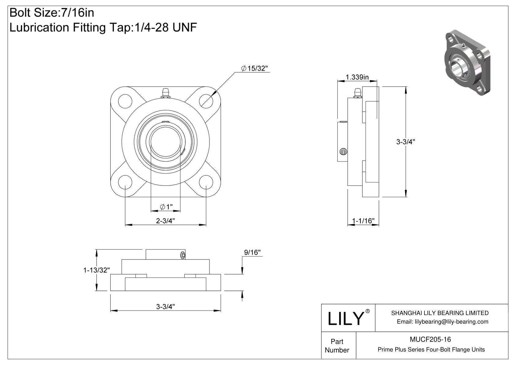 MUCF205-16 Prime Plus Series Four-Bolt Flange Units cad drawing