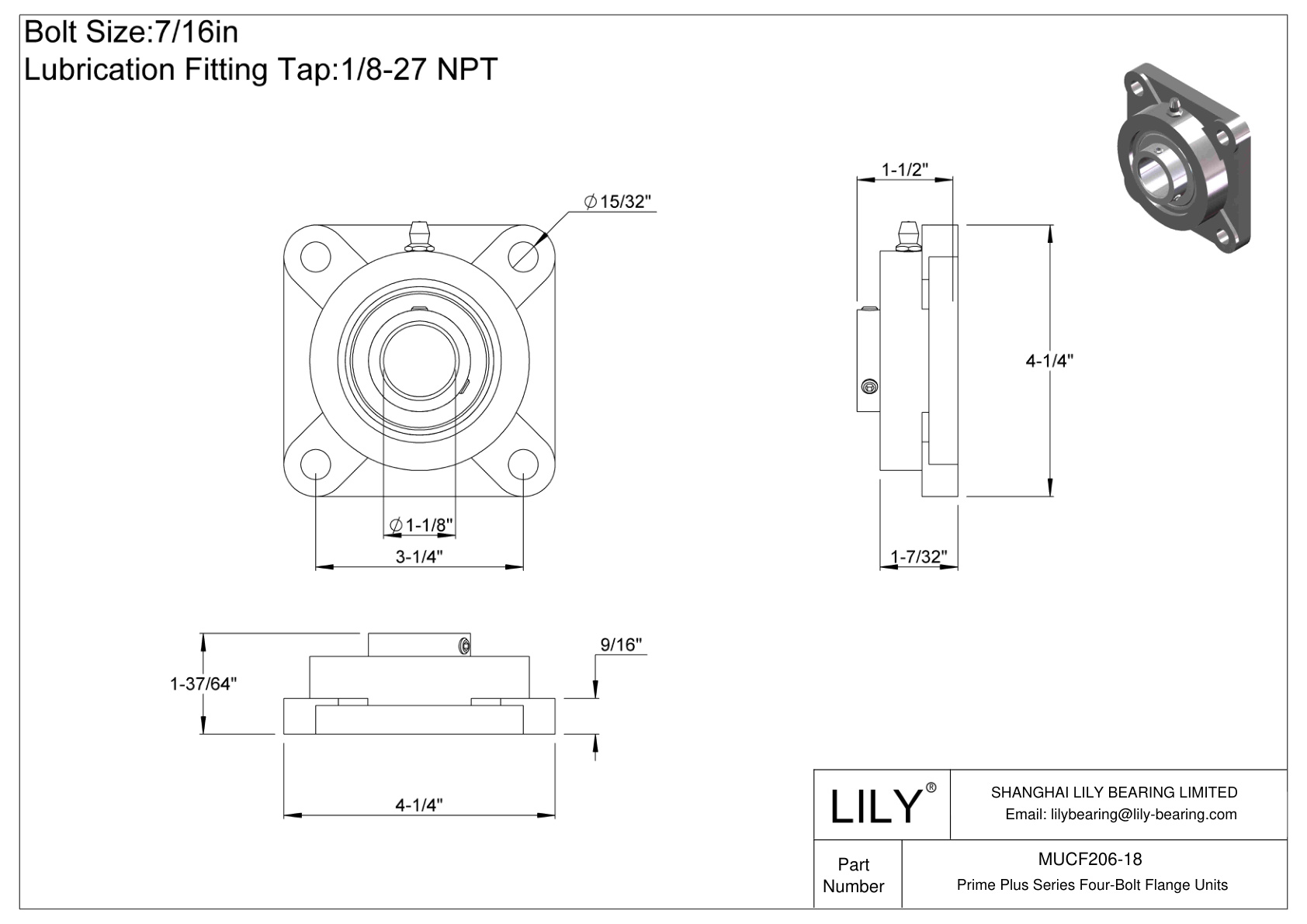 MUCF206-18 Prime Plus 系列四螺栓法兰装置 cad drawing