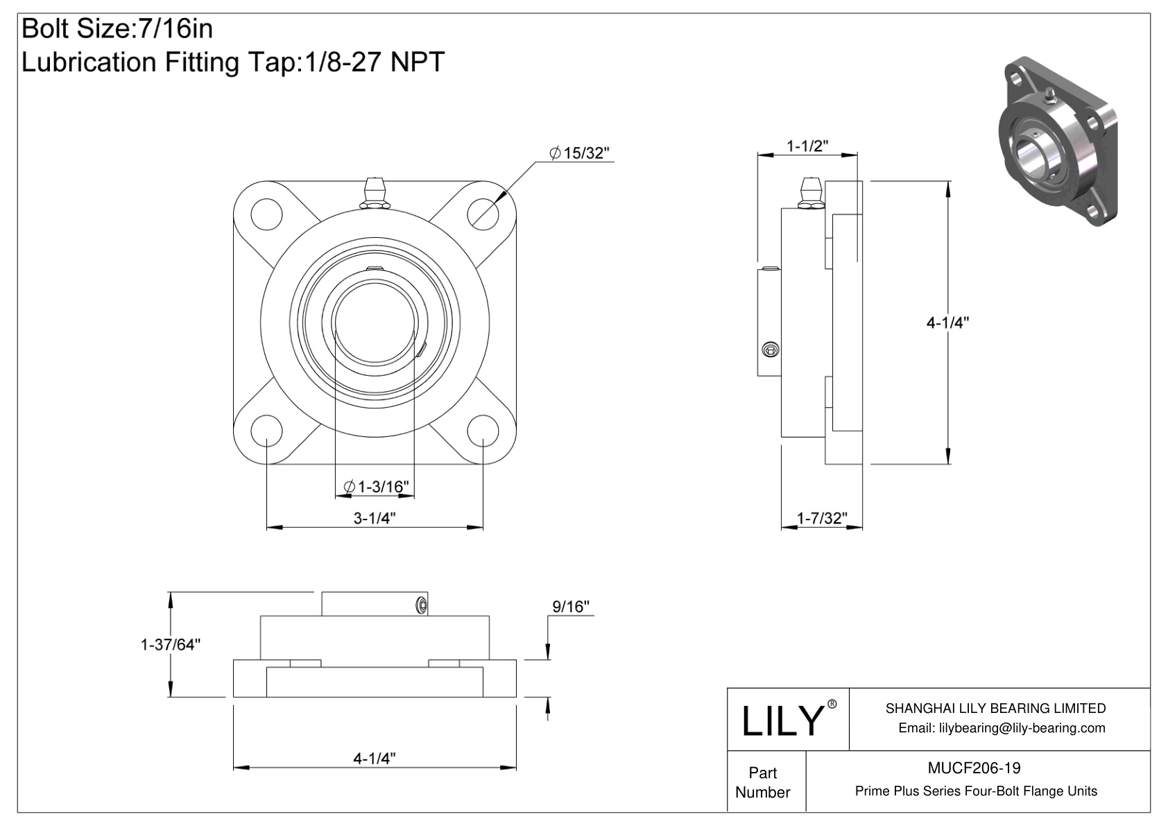 MUCF206-19 Prime Plus Series Four-Bolt Flange Units cad drawing