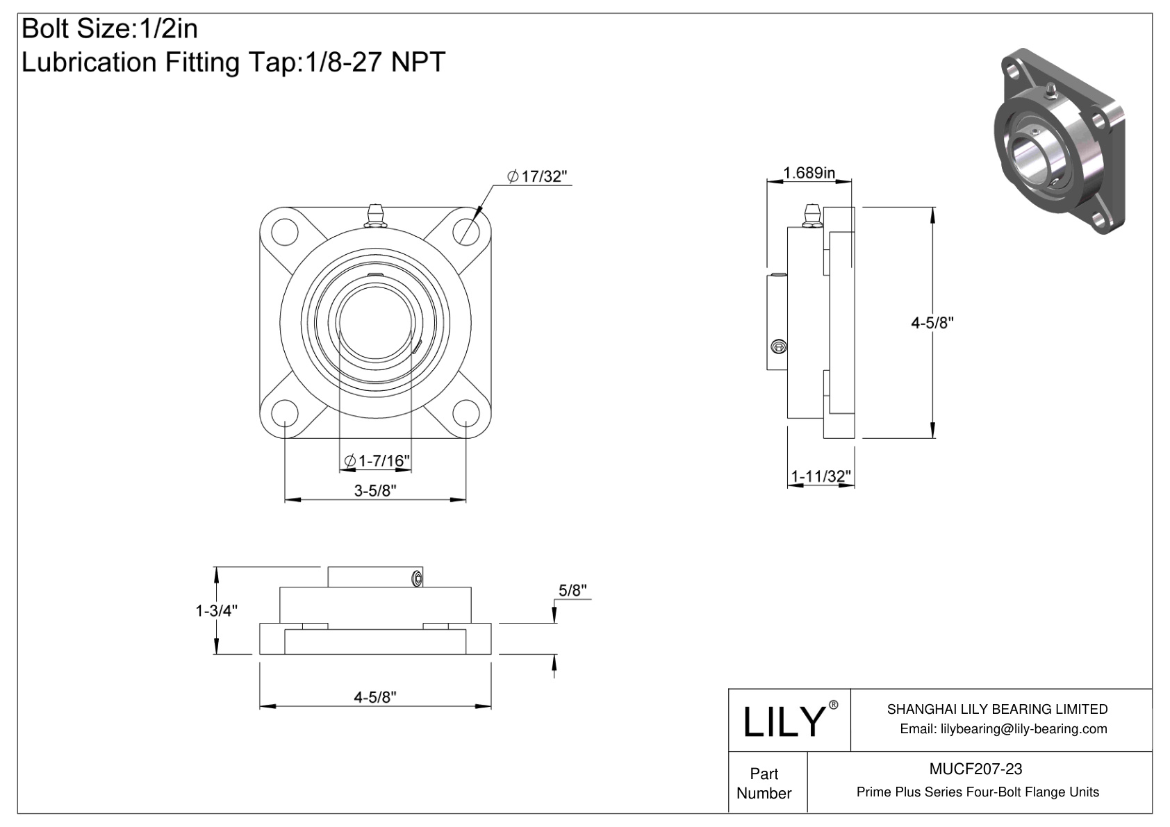 MUCF207-23 Prime Plus 系列四螺栓法兰装置 cad drawing