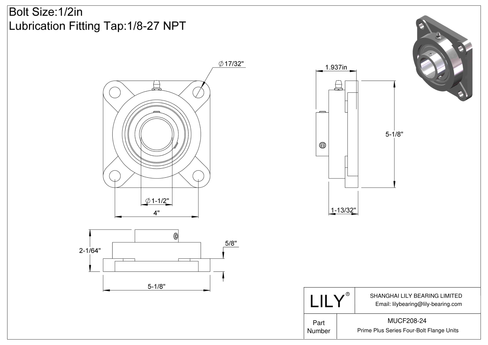 MUCF208-24 Prime Plus Series Four-Bolt Flange Units cad drawing