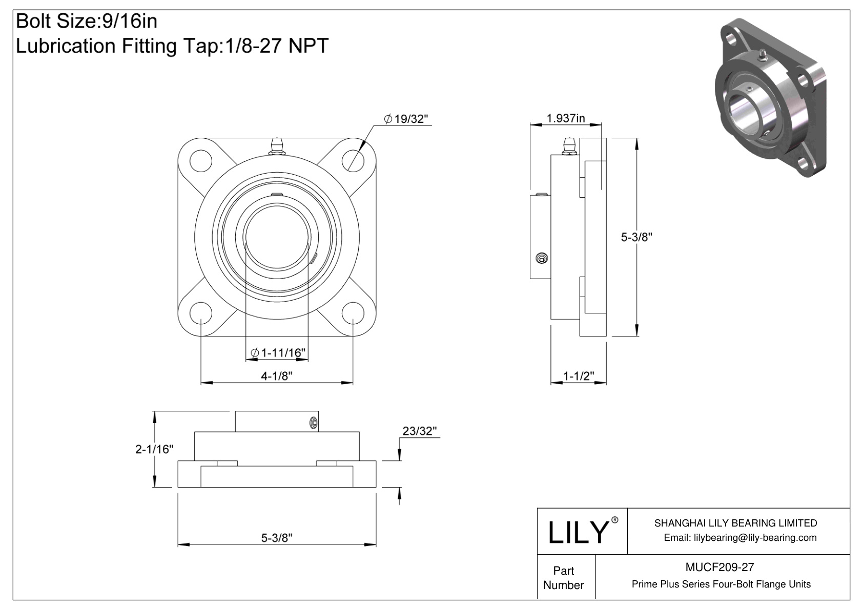 MUCF209-27 Prime Plus 系列四螺栓法兰装置 cad drawing