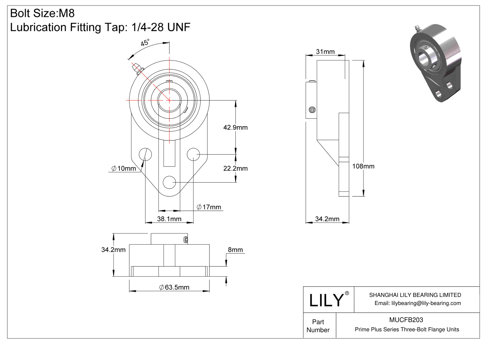 MUCFB203 Prime Plus Series Three-Bolt Flange Units cad drawing