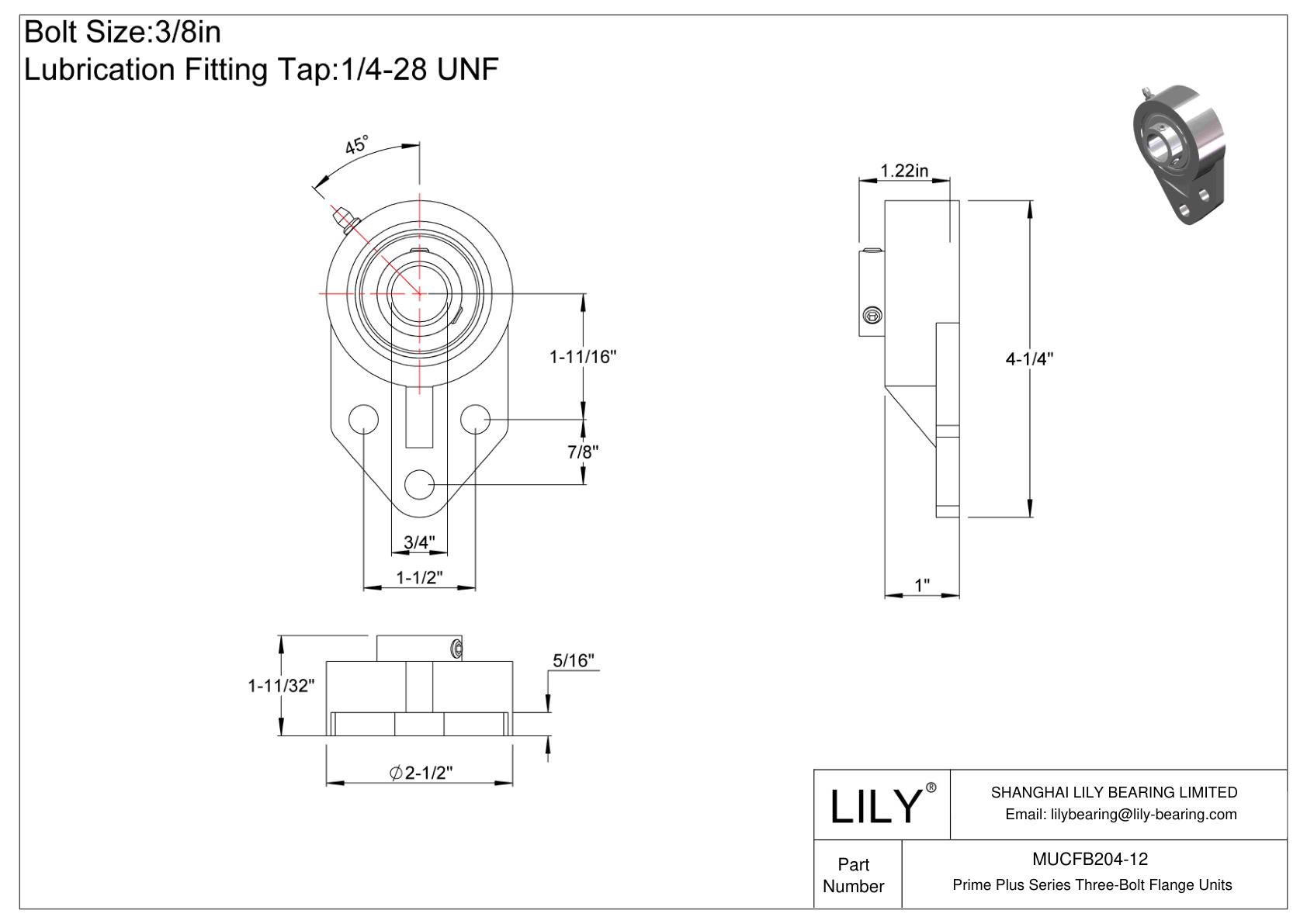 MUCFB204-12 Prime Plus Series Three-Bolt Flange Units cad drawing