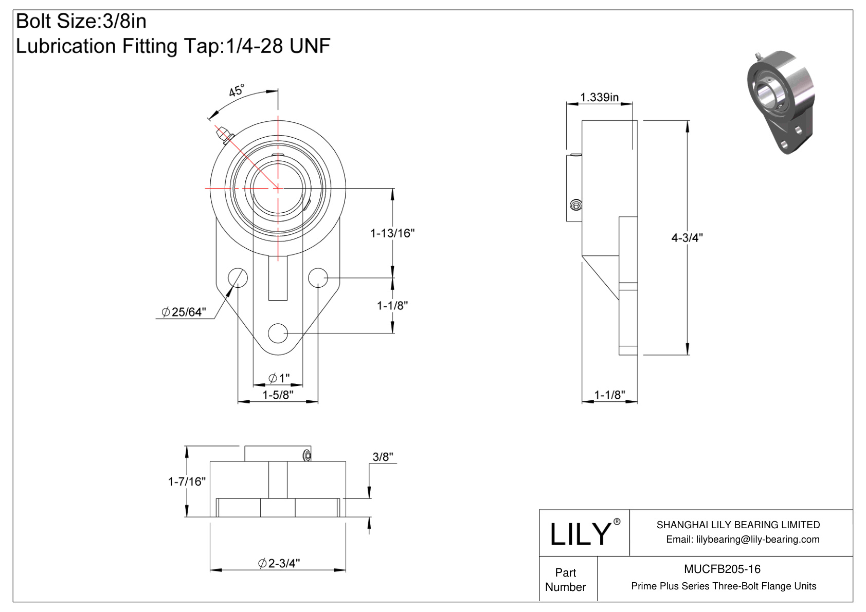 MUCFB205-16 Prime Plus Series Three-Bolt Flange Units cad drawing