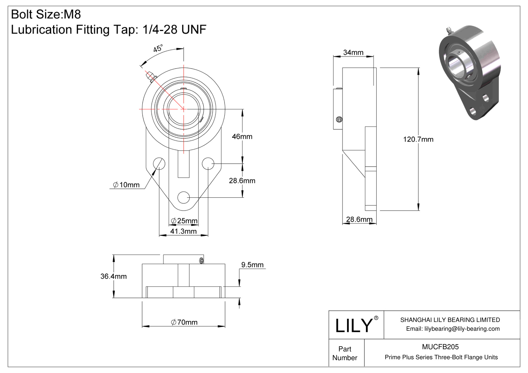 MUCFB205 Prime Plus Series Three-Bolt Flange Units cad drawing