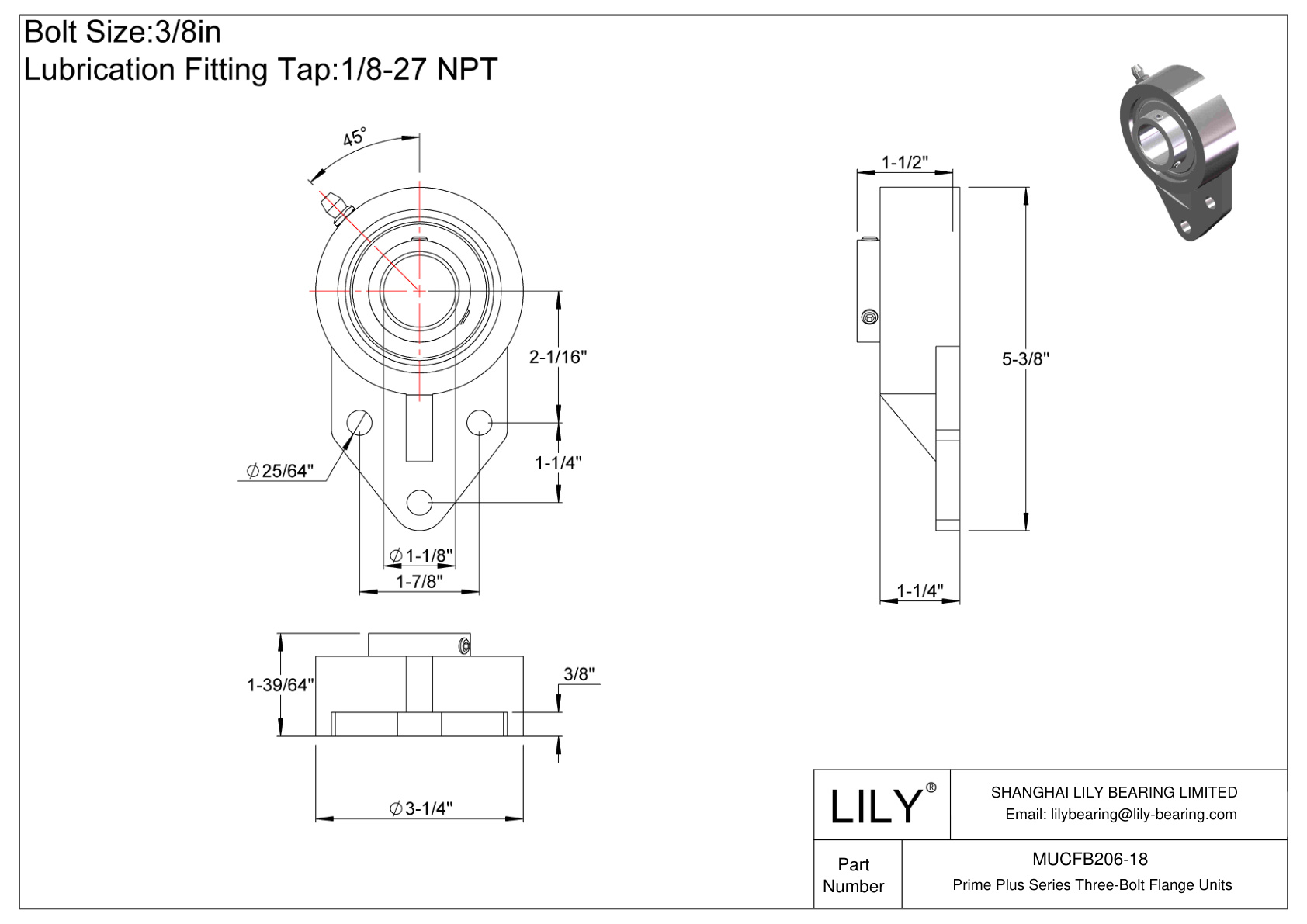 MUCFB206-18 Unidades de brida de tres pernos de la serie Prime Plus cad drawing