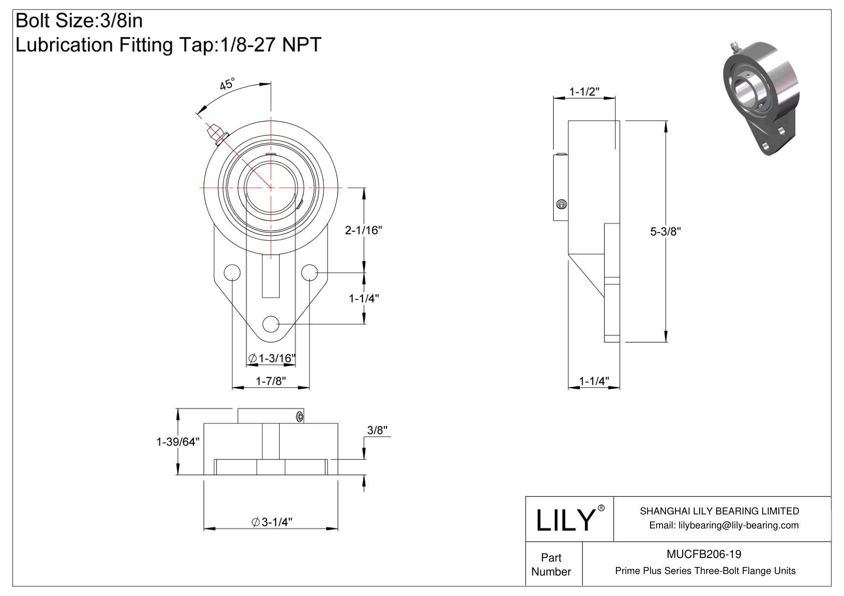 MUCFB206-19 Prime Plus Series Three-Bolt Flange Units cad drawing