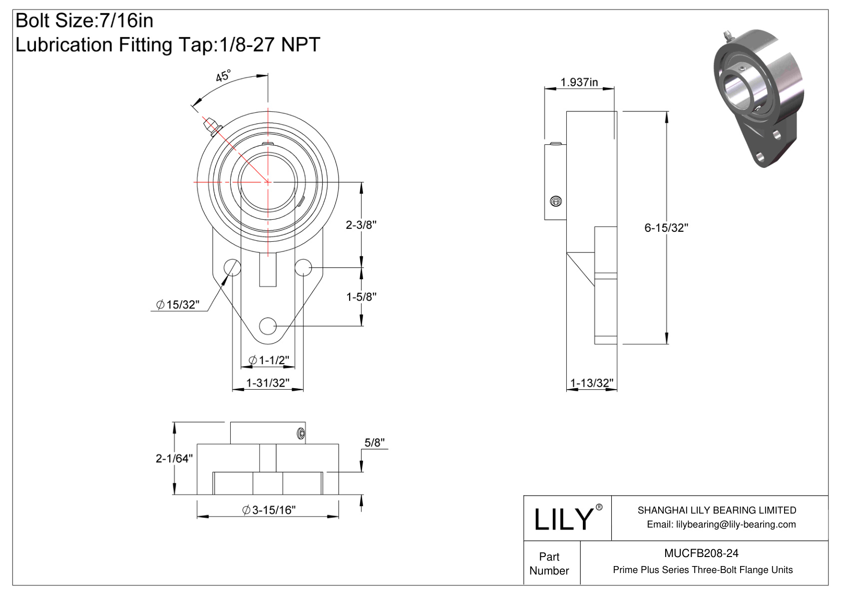 MUCFB208-24 Prime Plus Series Three-Bolt Flange Units cad drawing