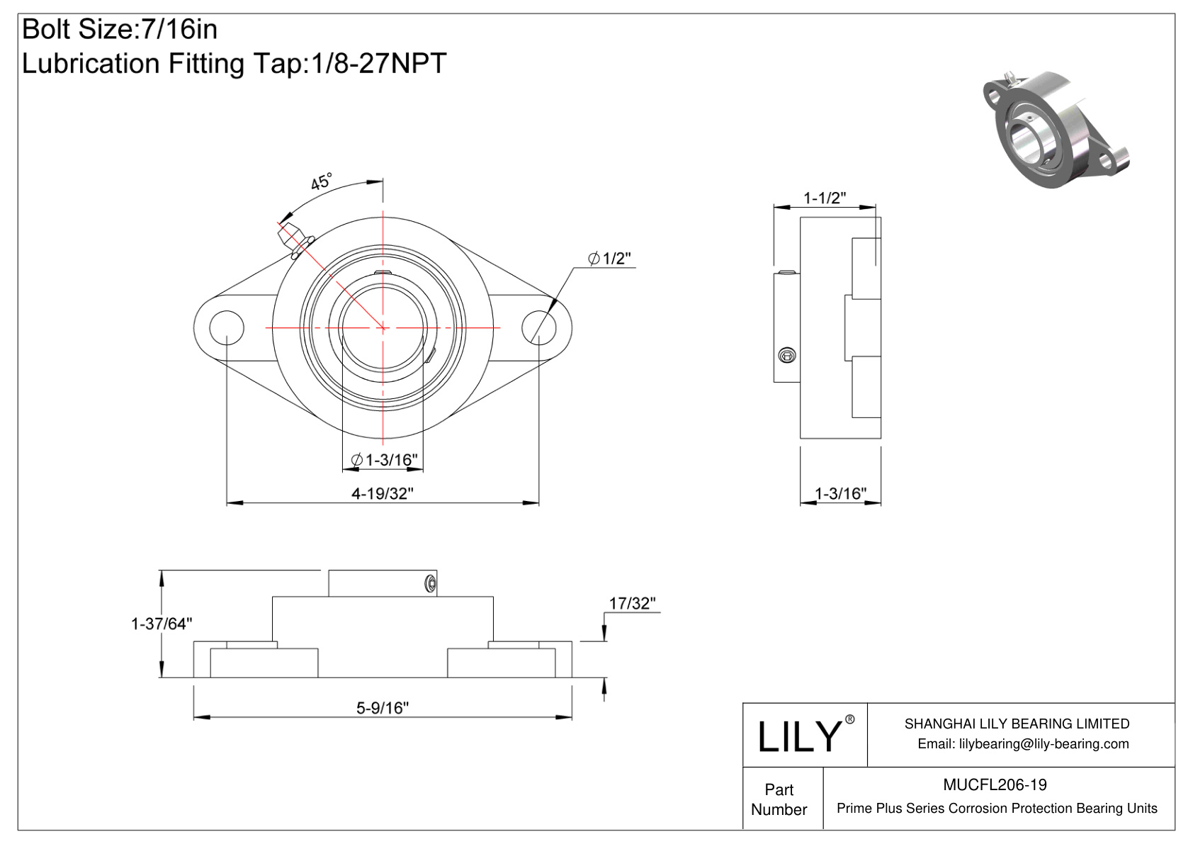 MUCFL206-19 Prime Plus Series Two-Bolt Flange Units cad drawing