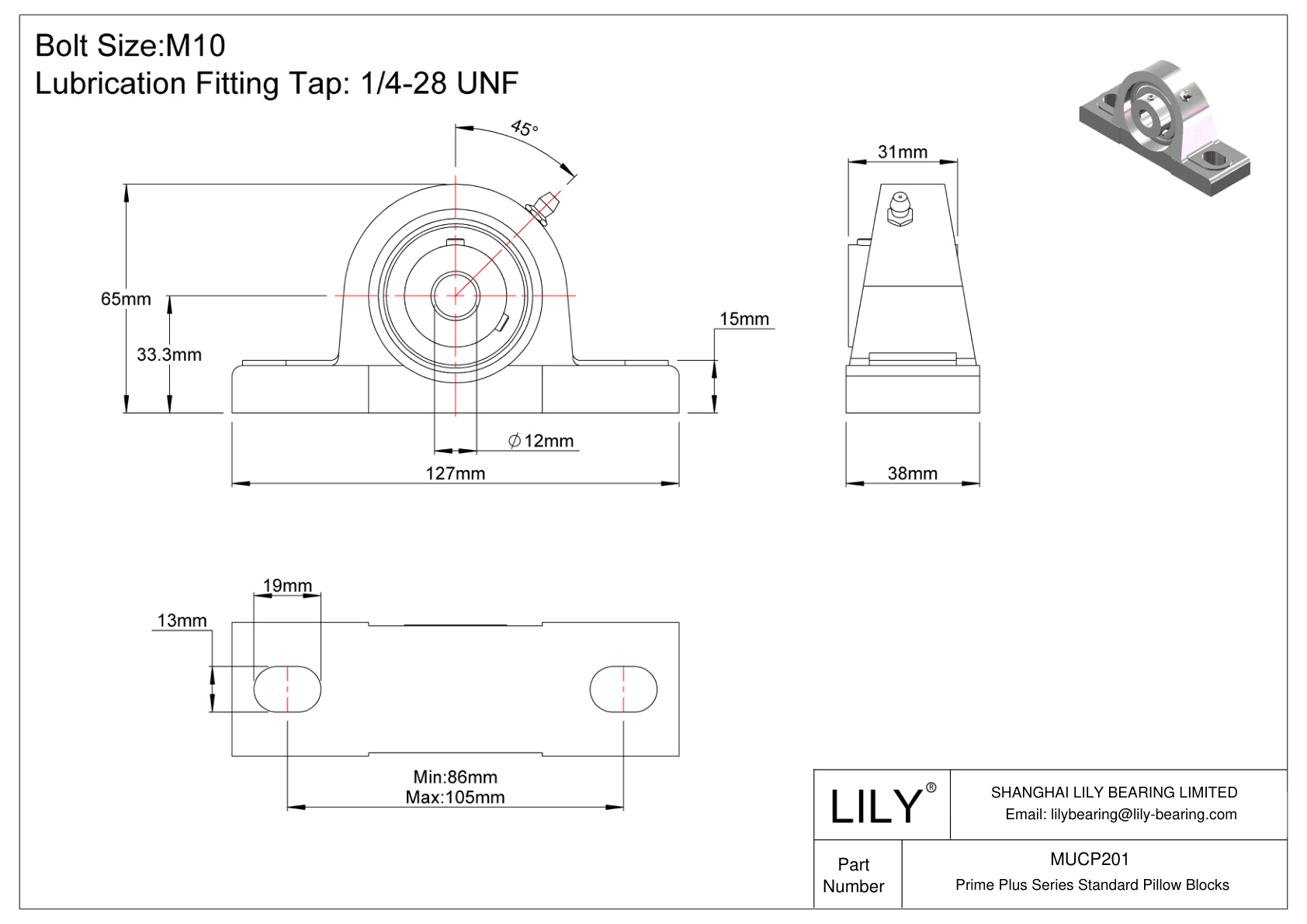 MUCP201 Prime Plus Series Standard Pillow Blocks cad drawing