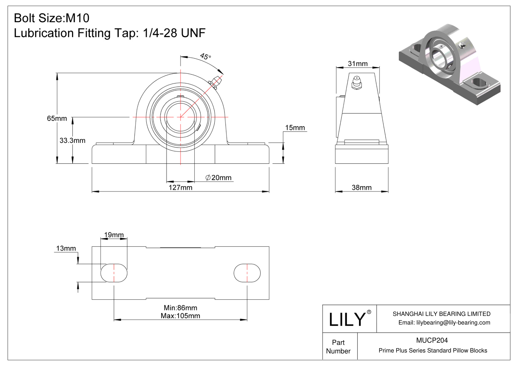 MUCP204 Prime Plus Series Standard Pillow Blocks cad drawing