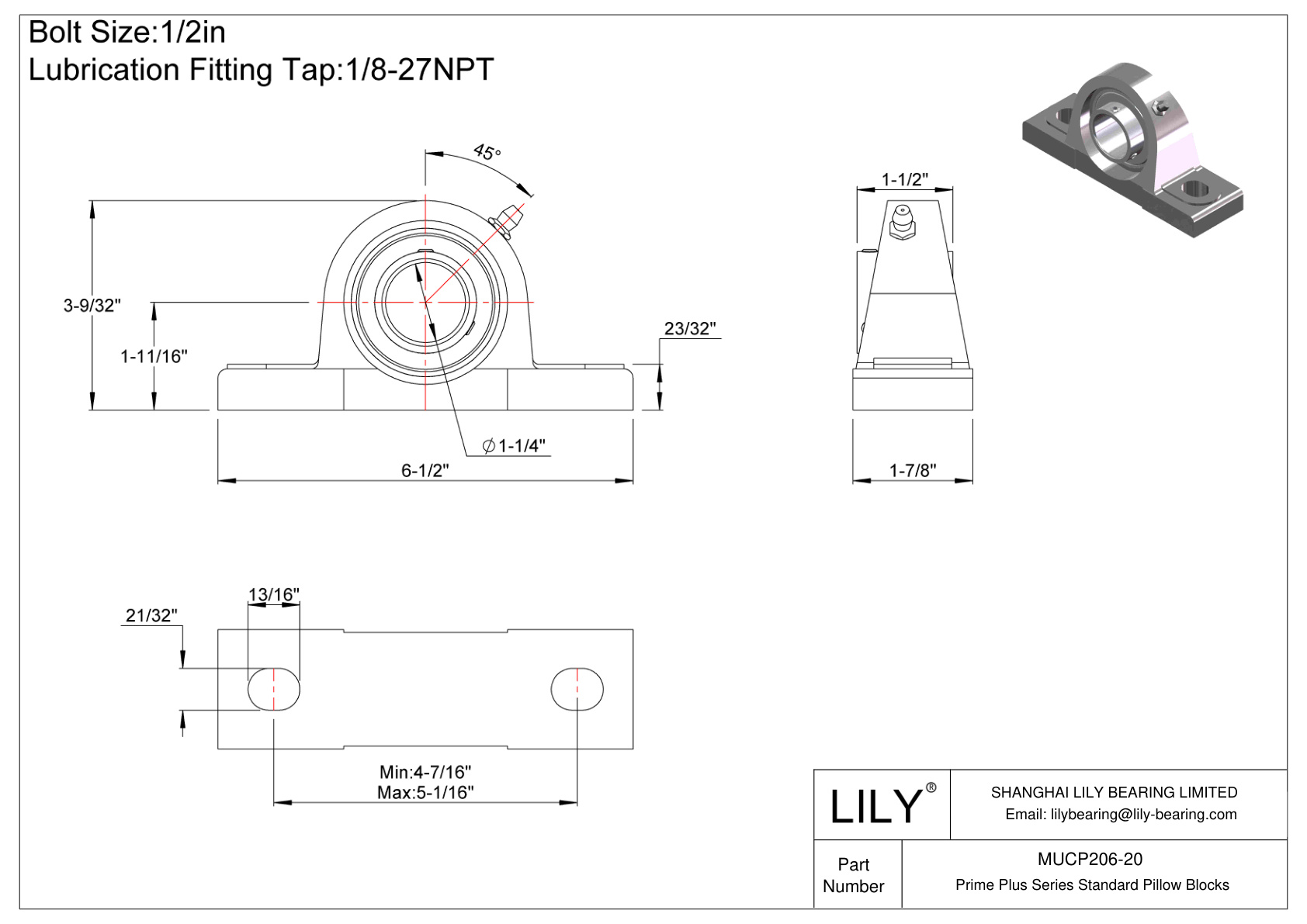 MUCP206-20 Prime Plus Series Standard Pillow Blocks cad drawing