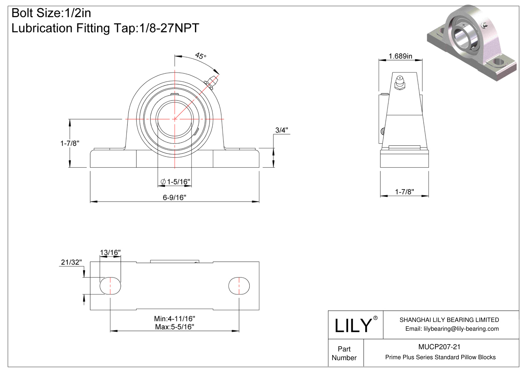 MUCP207-21 Prime Plus Series Standard Pillow Blocks cad drawing