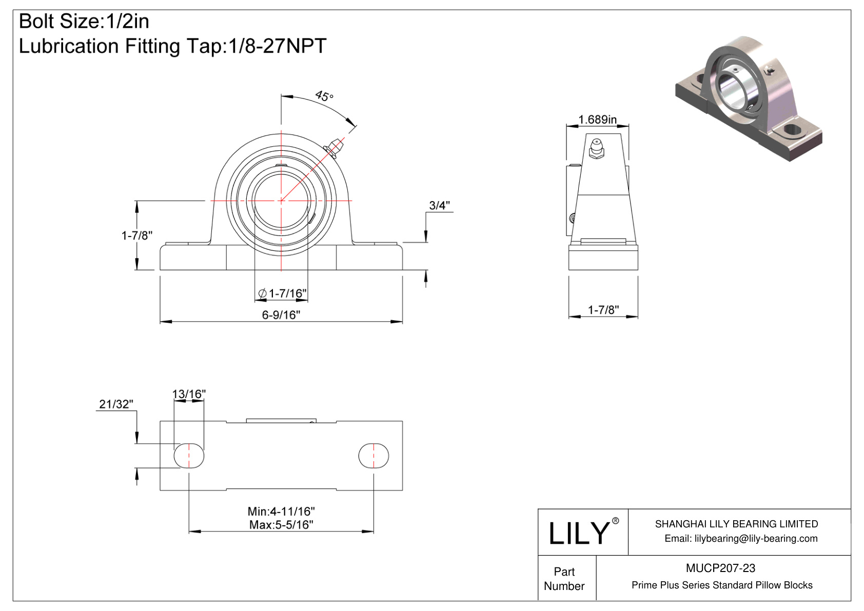 MUCP207-23 Prime Plus Series Standard Pillow Blocks cad drawing