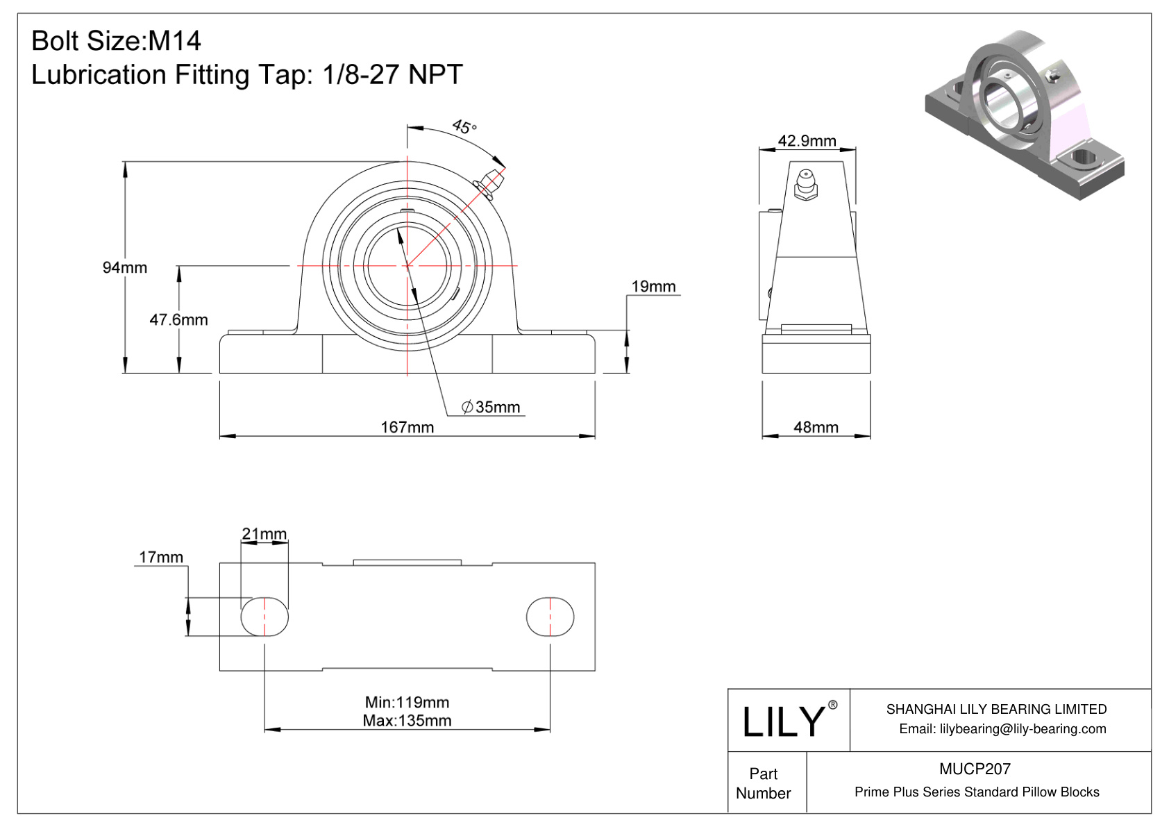 MUCP207 Prime Plus Series Standard Pillow Blocks cad drawing