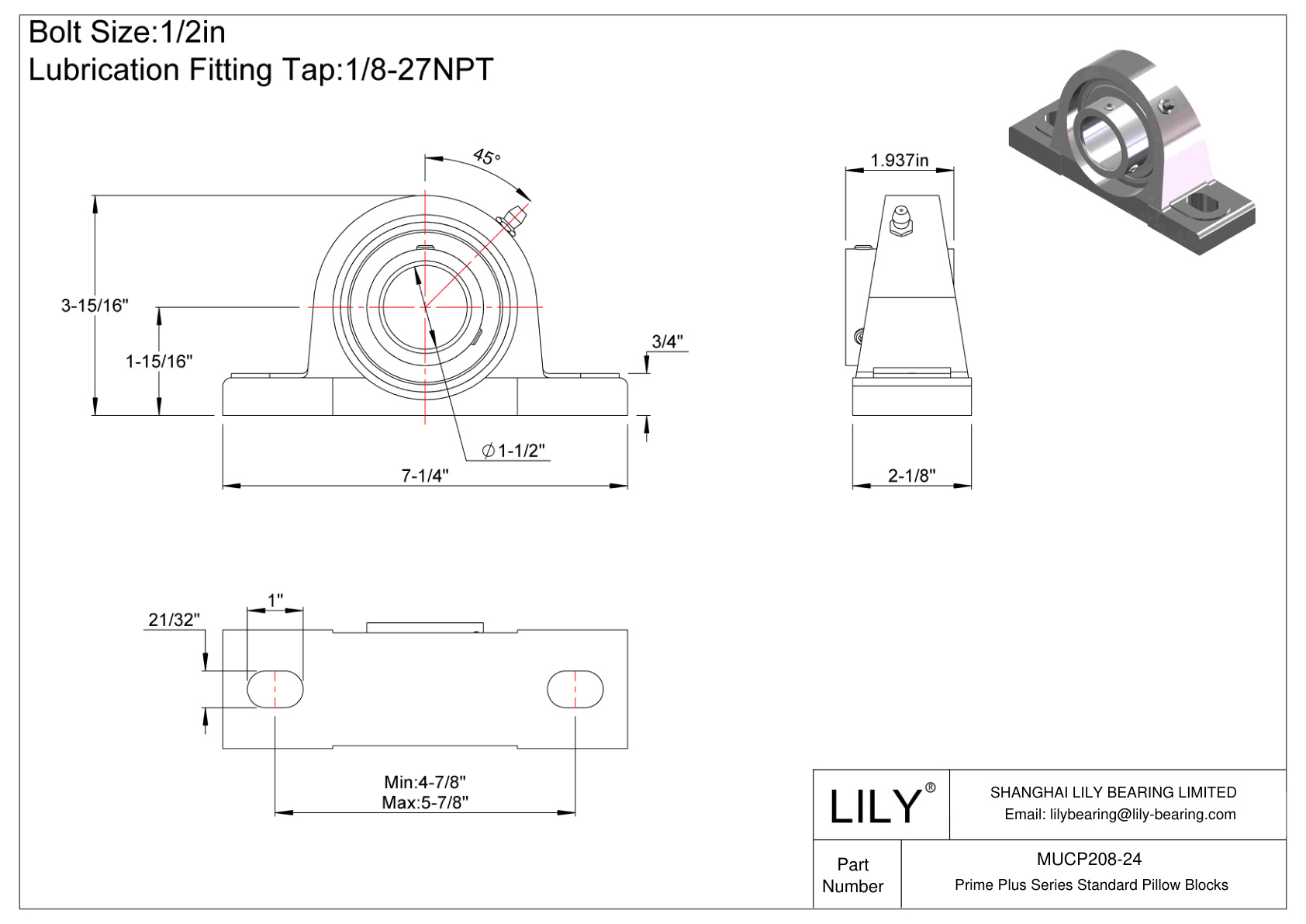 MUCP208-24 Prime Plus Series Standard Pillow Blocks cad drawing