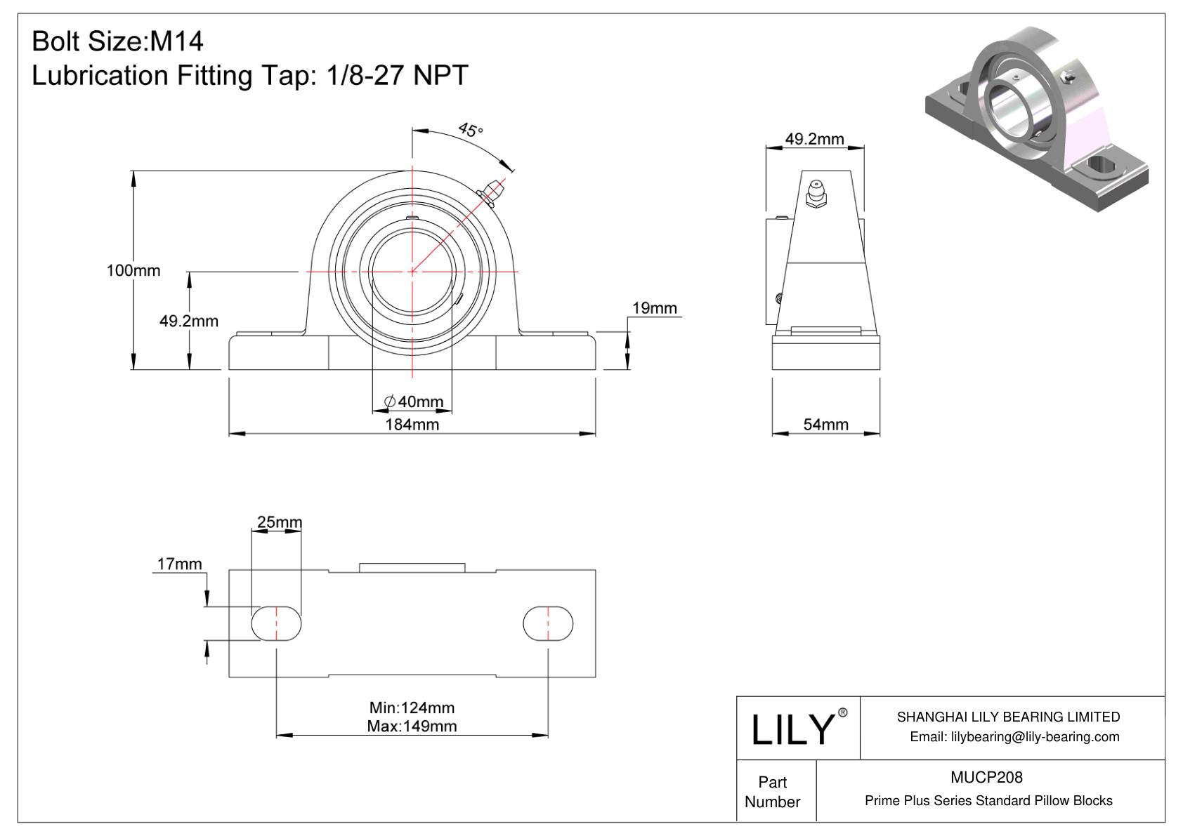 MUCP208 Prime Plus Series Standard Pillow Blocks cad drawing