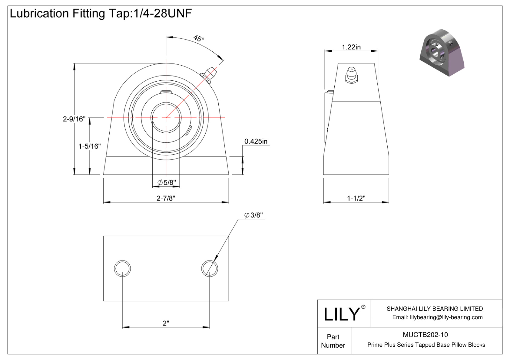 MUCTB202-10 Prime Plus Series Tapped Base Pillow Blocks cad drawing