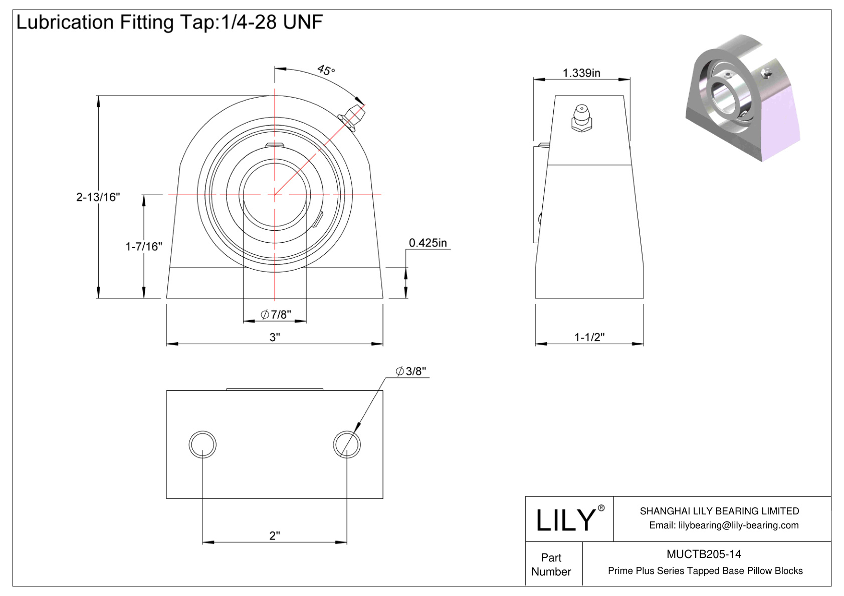 MUCTB205-14 Prime Plus Series Tapped Base Pillow Blocks cad drawing