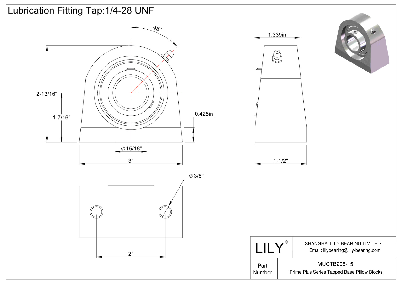 MUCTB205-15 Prime Plus Series Tapped Base Pillow Blocks cad drawing