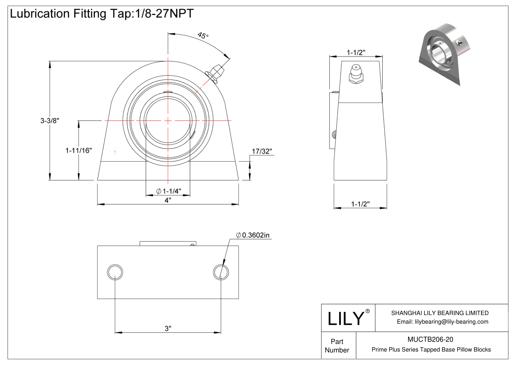 MUCTB206-20 Prime Plus Series Tapped Base Pillow Blocks cad drawing